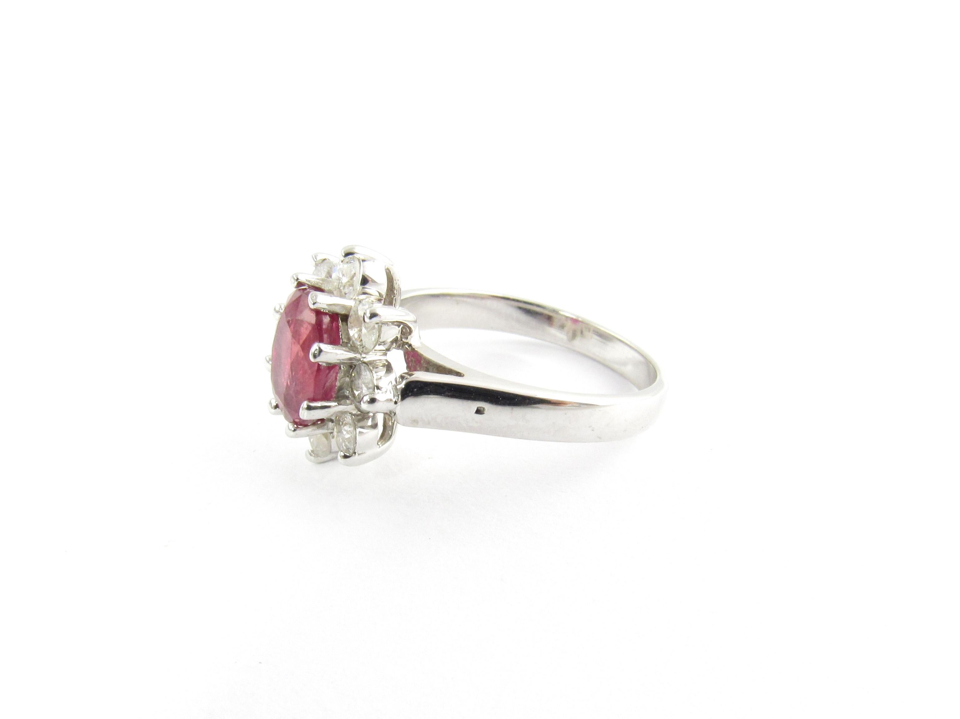 Vintage 14 Karat White Gold Natural Ruby and Diamond Ring Size

This stunning ring features one oval ruby (9 mm x 7 mm) surrounded by eight round brilliant diamonds set in classic 14K white gold. Top of ring measures 14 mm x 12 mm. Shank measures 2