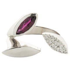 14 Karat White Gold Ruby, Diamond and Gold Marquise Shape Bypass Ring