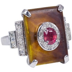 14 Karat White Gold, Ruby, Diamond and Tortoise Shell Ring