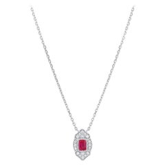 14 Karat White Gold Ruby Diamond Art Deco Style Pendant Necklace