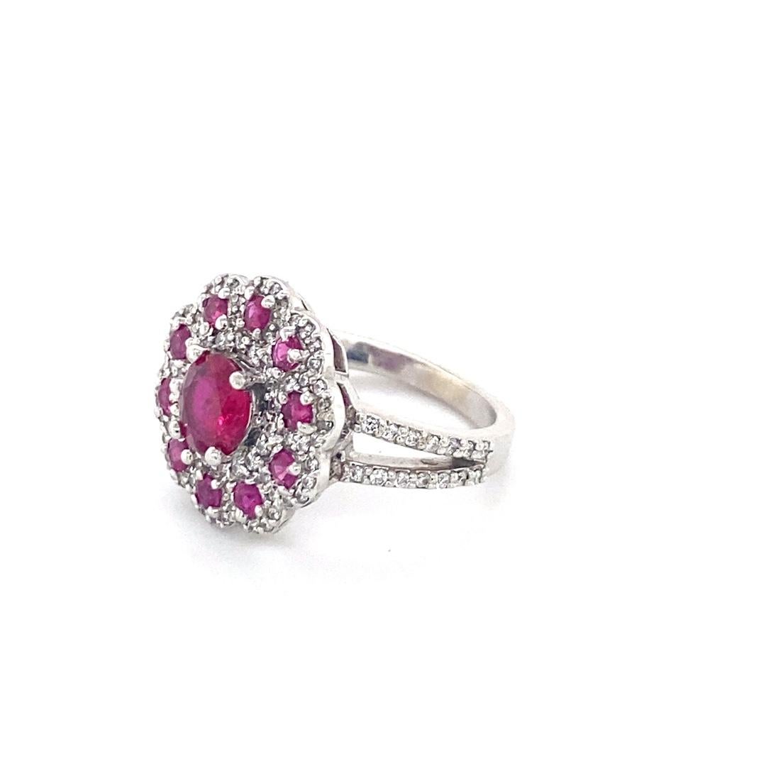 Round Cut 14 Karat White Gold Ruby Diamond Flower Ring For Sale