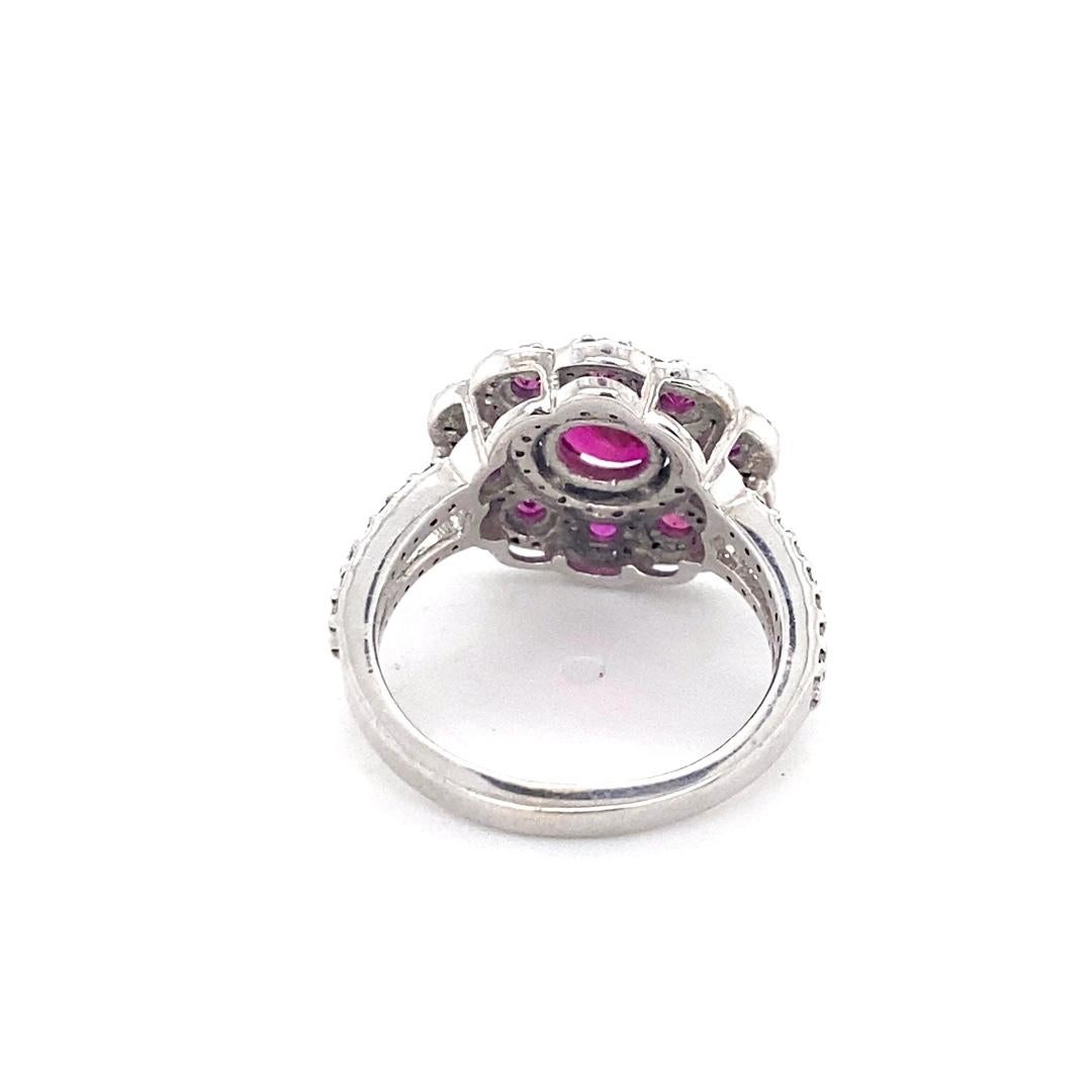 14 Karat White Gold Ruby Diamond Flower Ring In New Condition For Sale In Bossier City, LA