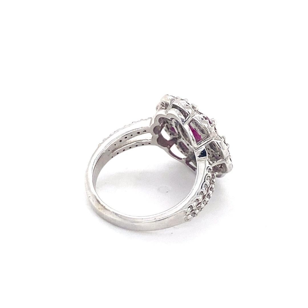 14 Karat White Gold Ruby Diamond Flower Ring For Sale 1