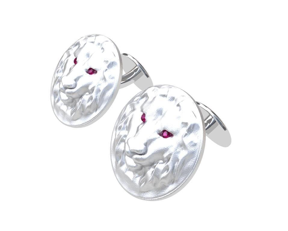 14K White Gold Ruby Lion Cufflinks. The great lion. Ruler of the jungle, brave, and fearless. The best subject matter for guys. Who wants to see one of these live?  AA grade diamond cut sapphires. 19 mm diameter, sandblasted and polished 14kw gold