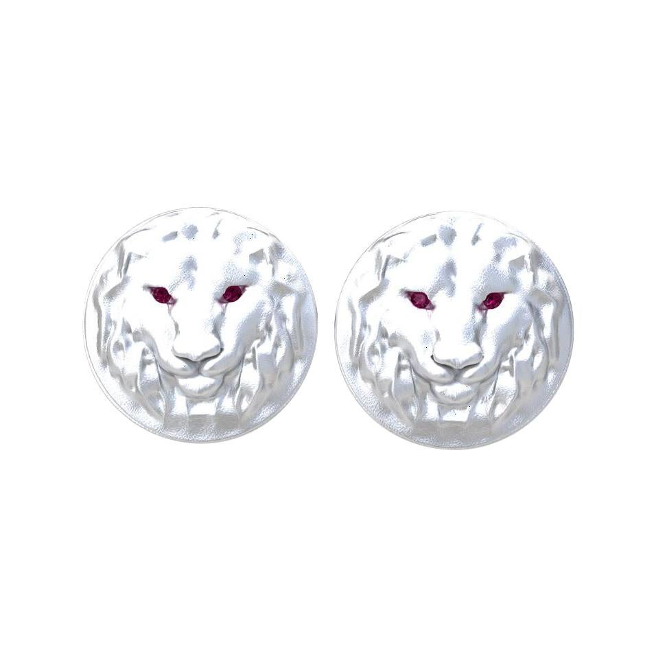 14 Karat White Gold Ruby Lion Cufflinks For Sale