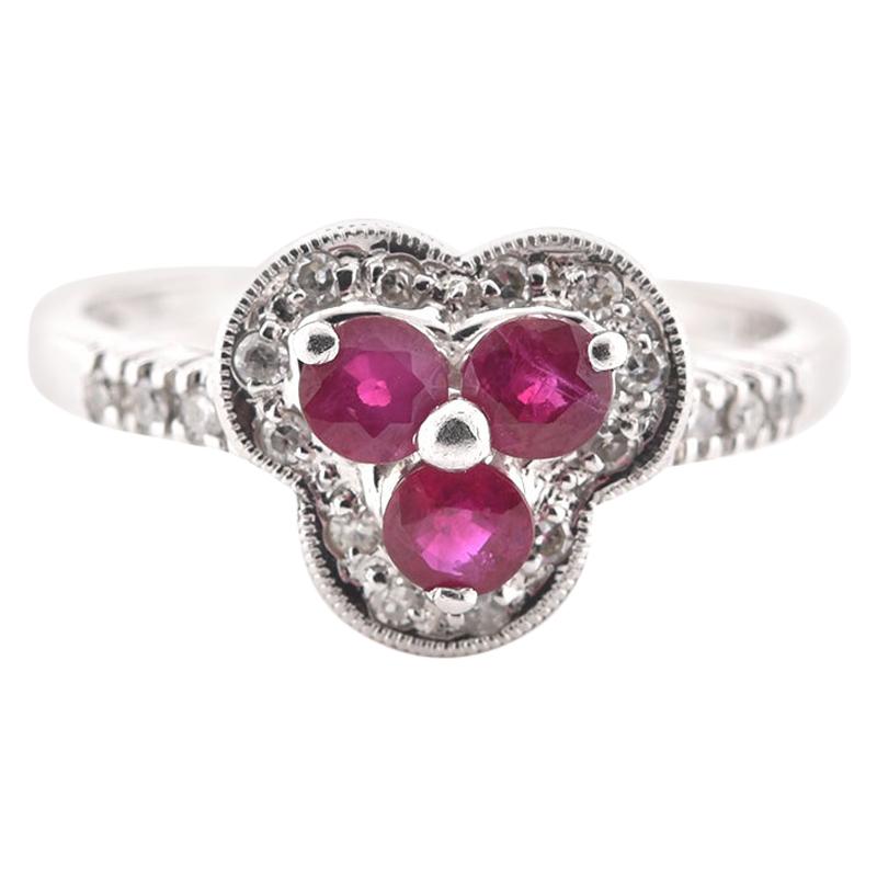 14 Karat White Gold Ruby Trio and Diamond Ring For Sale