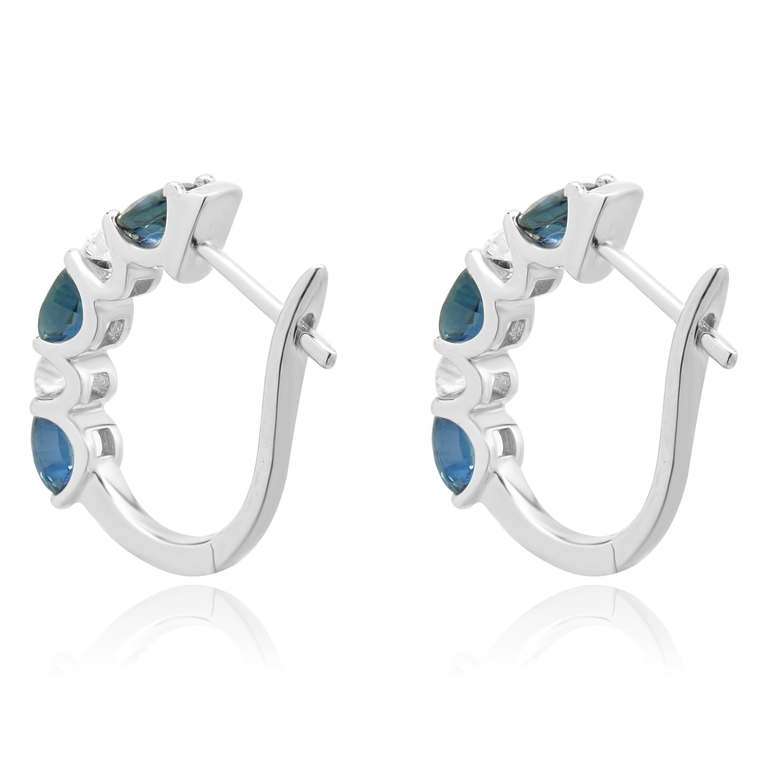 Round Cut 14 Karat White Gold Sapphire and Diamond Alternating Huggie Earrings For Sale