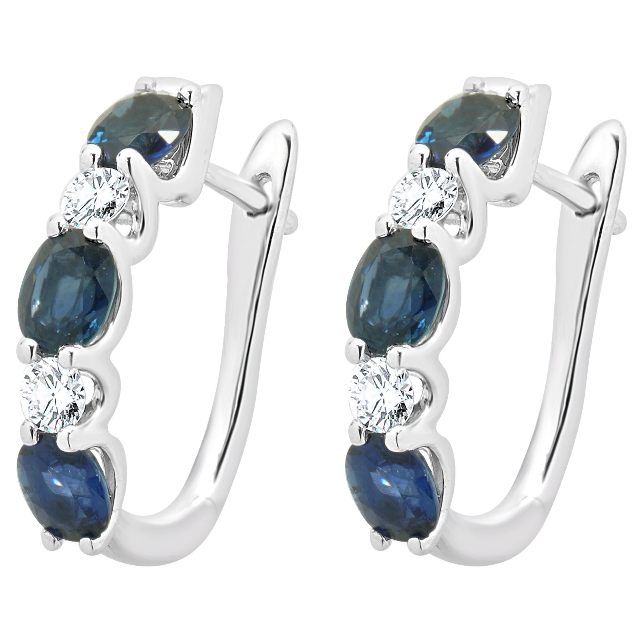 14 Karat White Gold Sapphire and Diamond Alternating Huggie Earrings For Sale