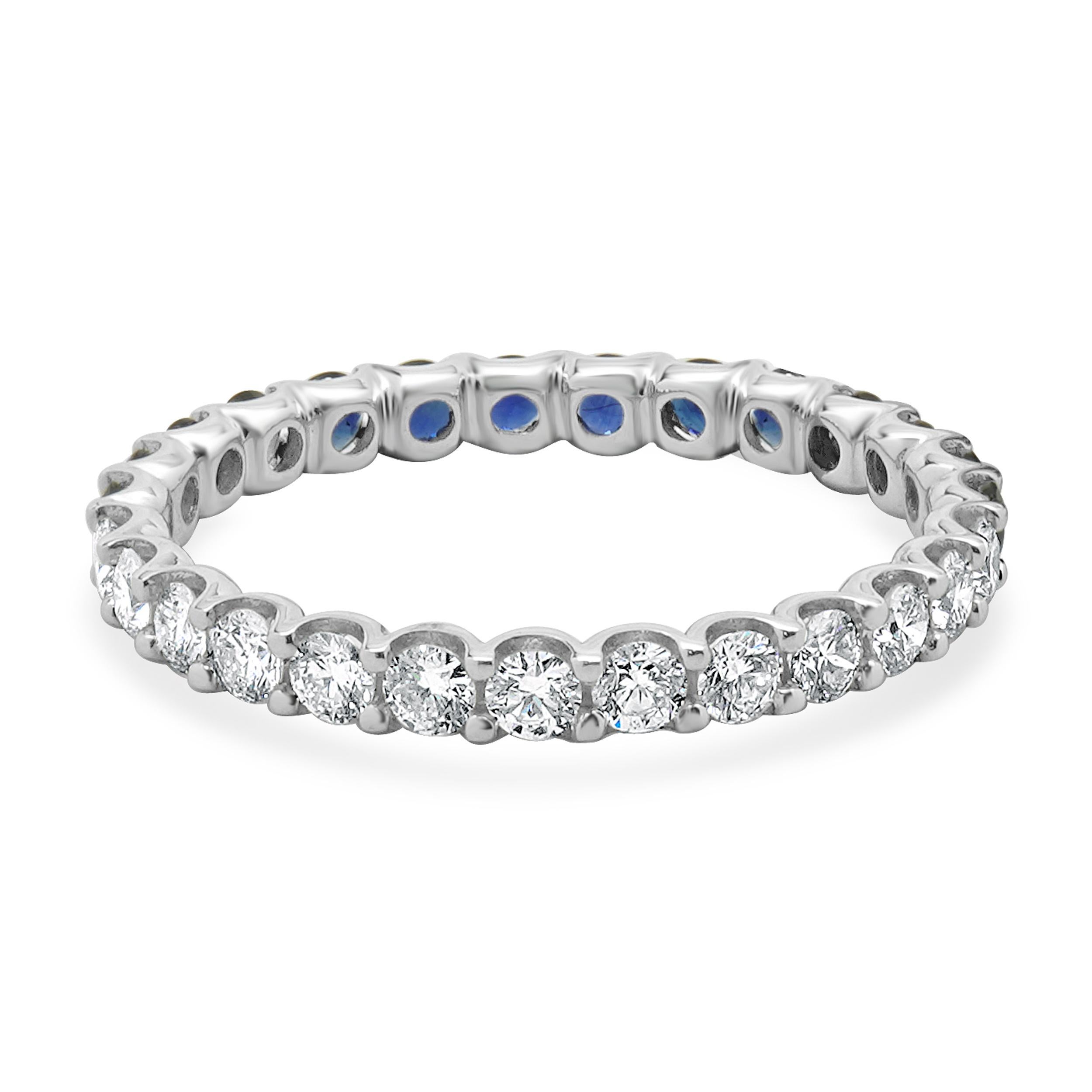 Round Cut 14 Karat White Gold Sapphire and Diamond Band For Sale