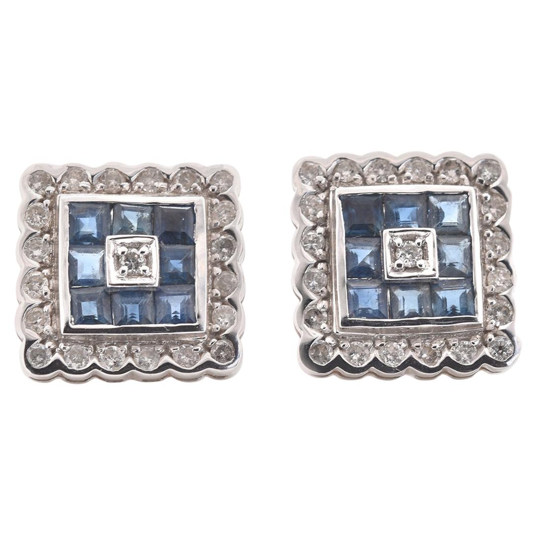 14 Karat White Gold Sapphire and Diamond Cluster Earrings