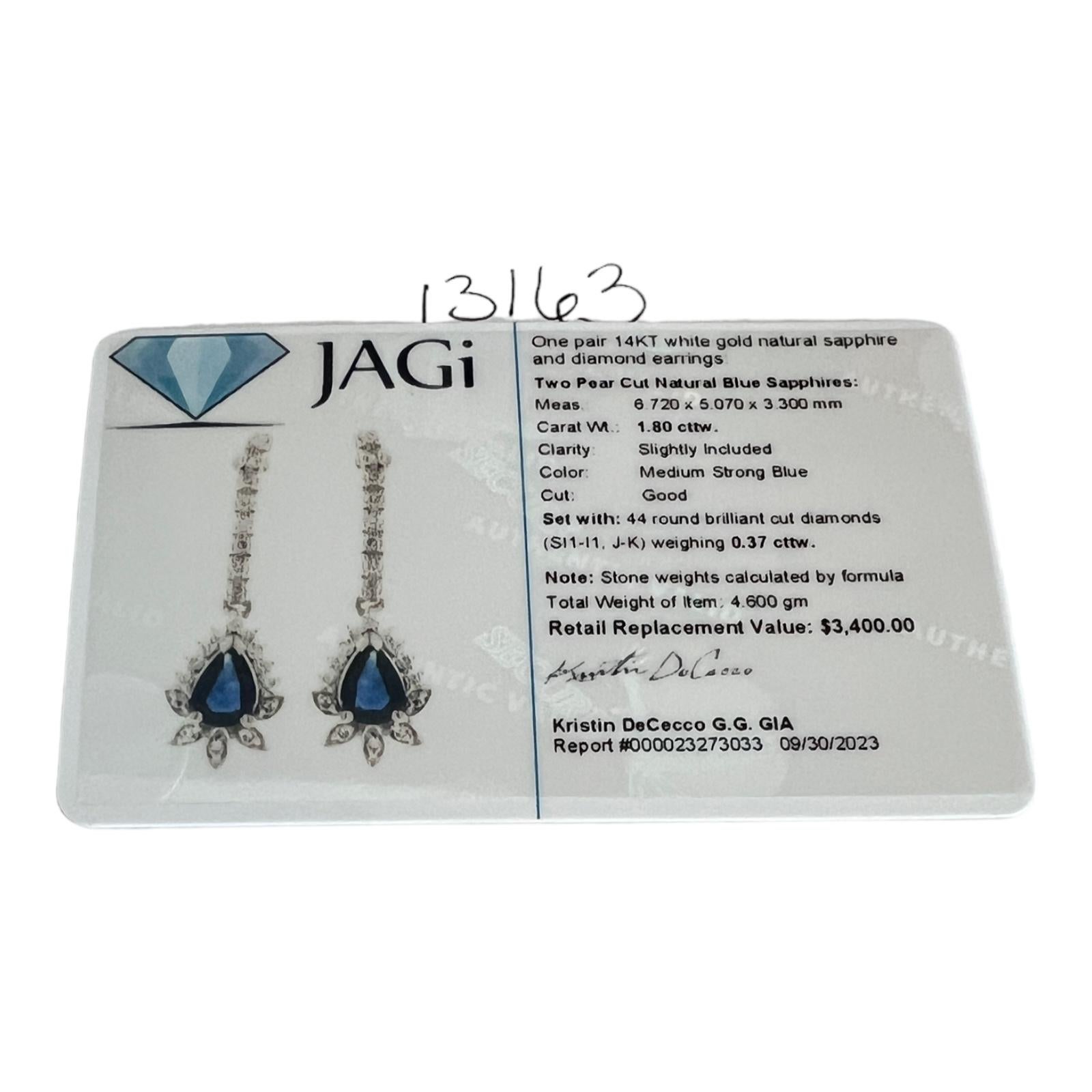14 Karat White Gold Sapphire and Diamond Dangle Earrings For Sale 3