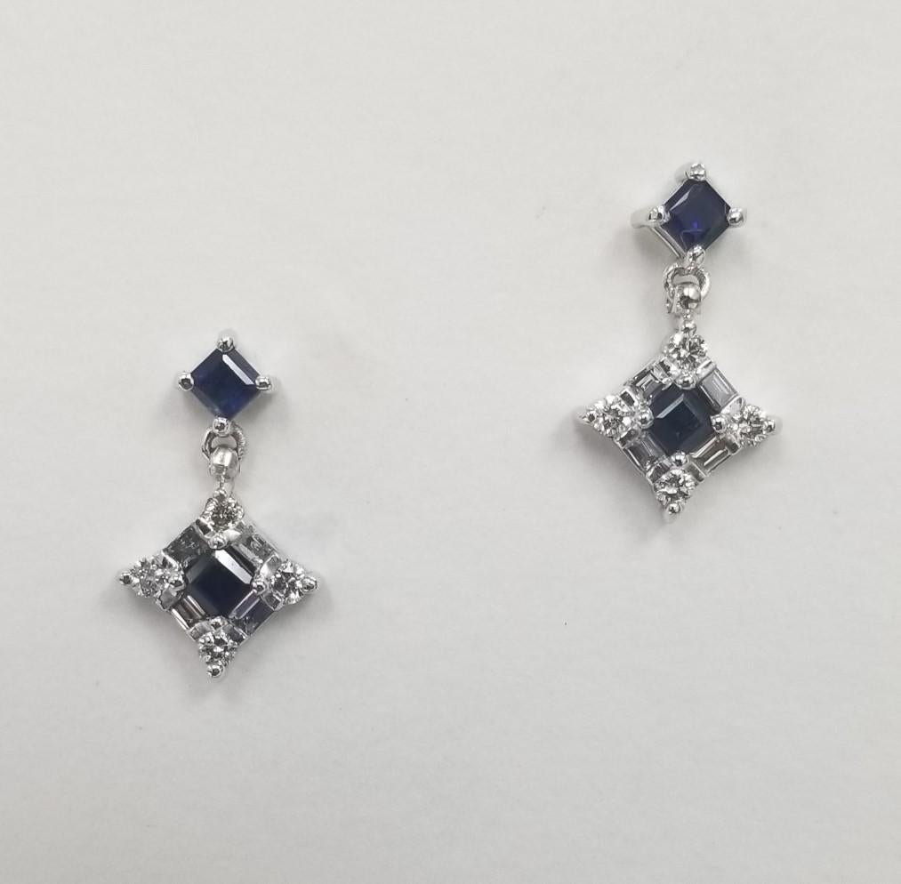 Women's or Men's 14 Karat White Gold Sapphire and Diamond Drop Earrings For Sale