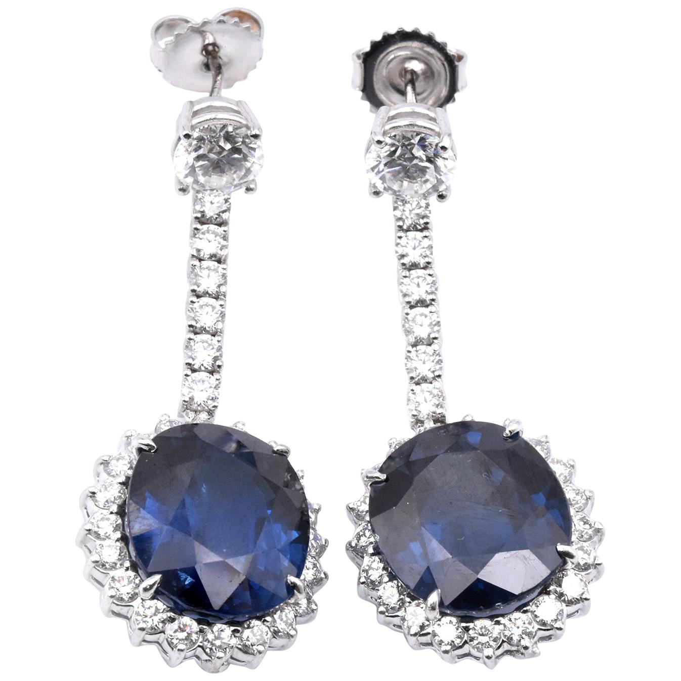 14 Karat White Gold Sapphire and Diamond Drop Earrings