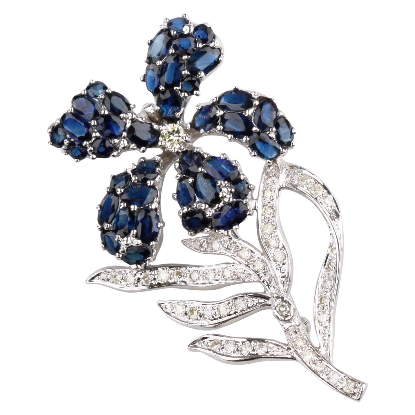 14 Karat White Gold Sapphire and Diamond Flower Brooch TCW = 9.81 Carat