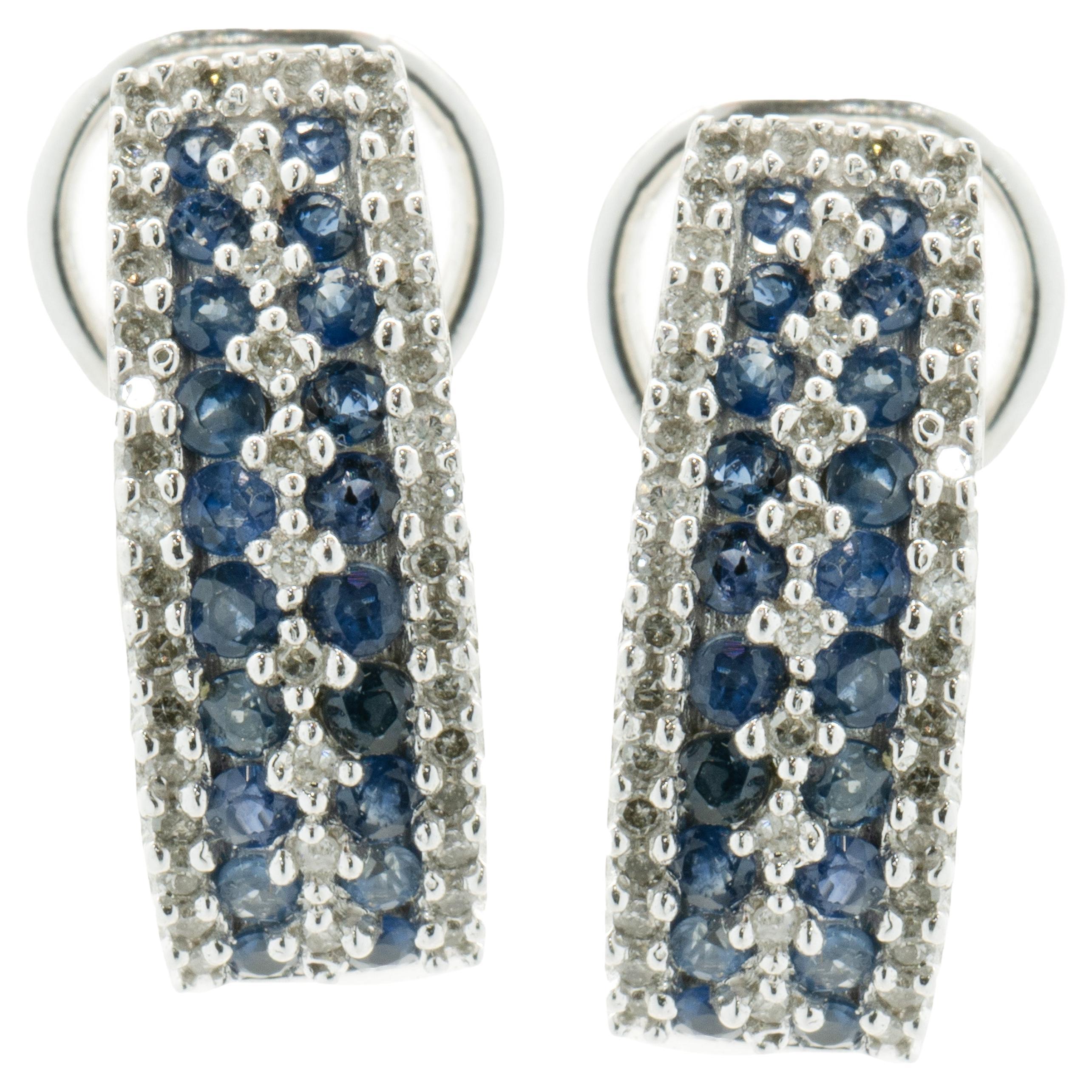 14 Karat White Gold Sapphire and Diamond Four Row Hoop Earrings