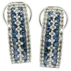 14 Karat White Gold Sapphire and Diamond Four Row Hoop Earrings