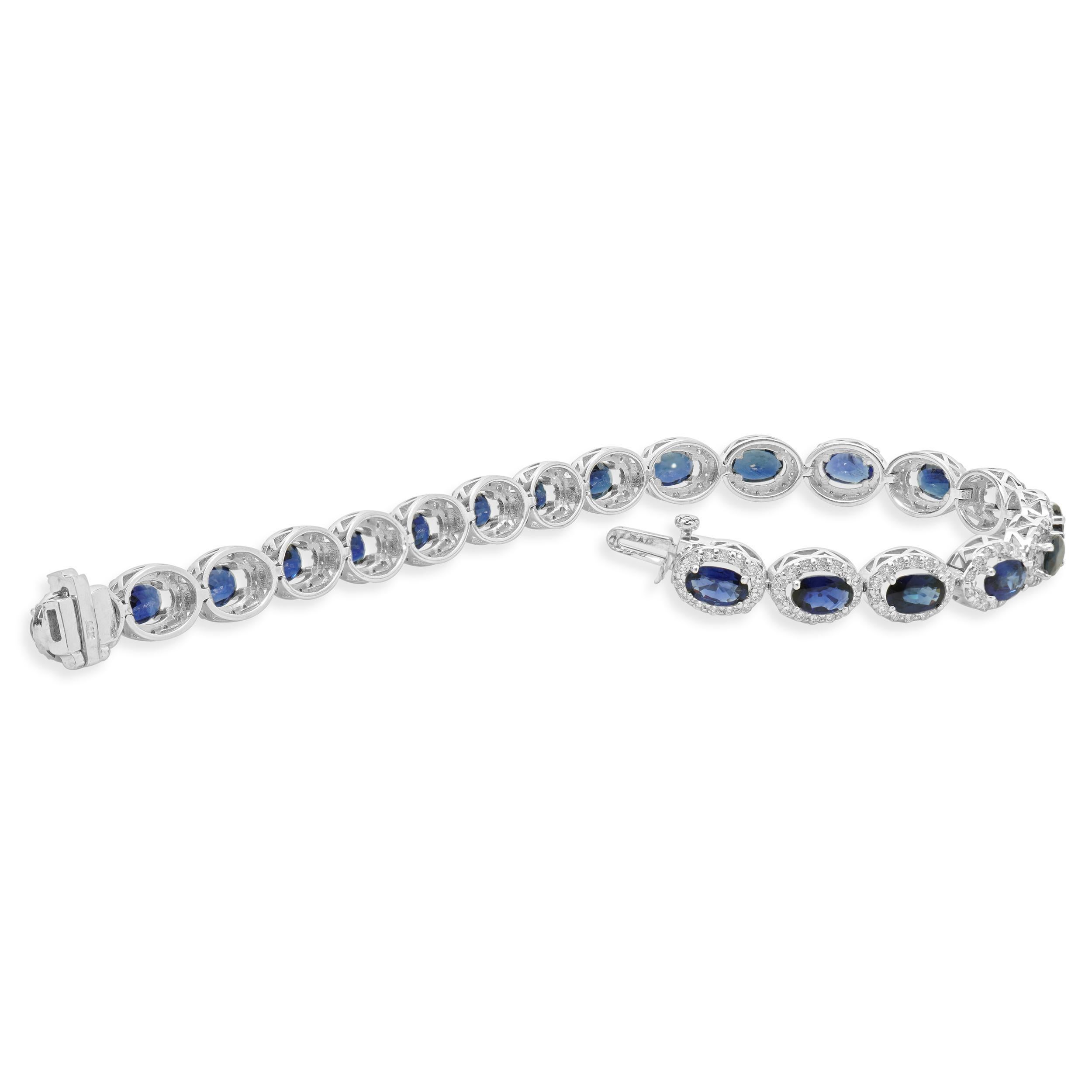Oval Cut 14 Karat White Gold Sapphire and Diamond Halo Link Bracelet For Sale