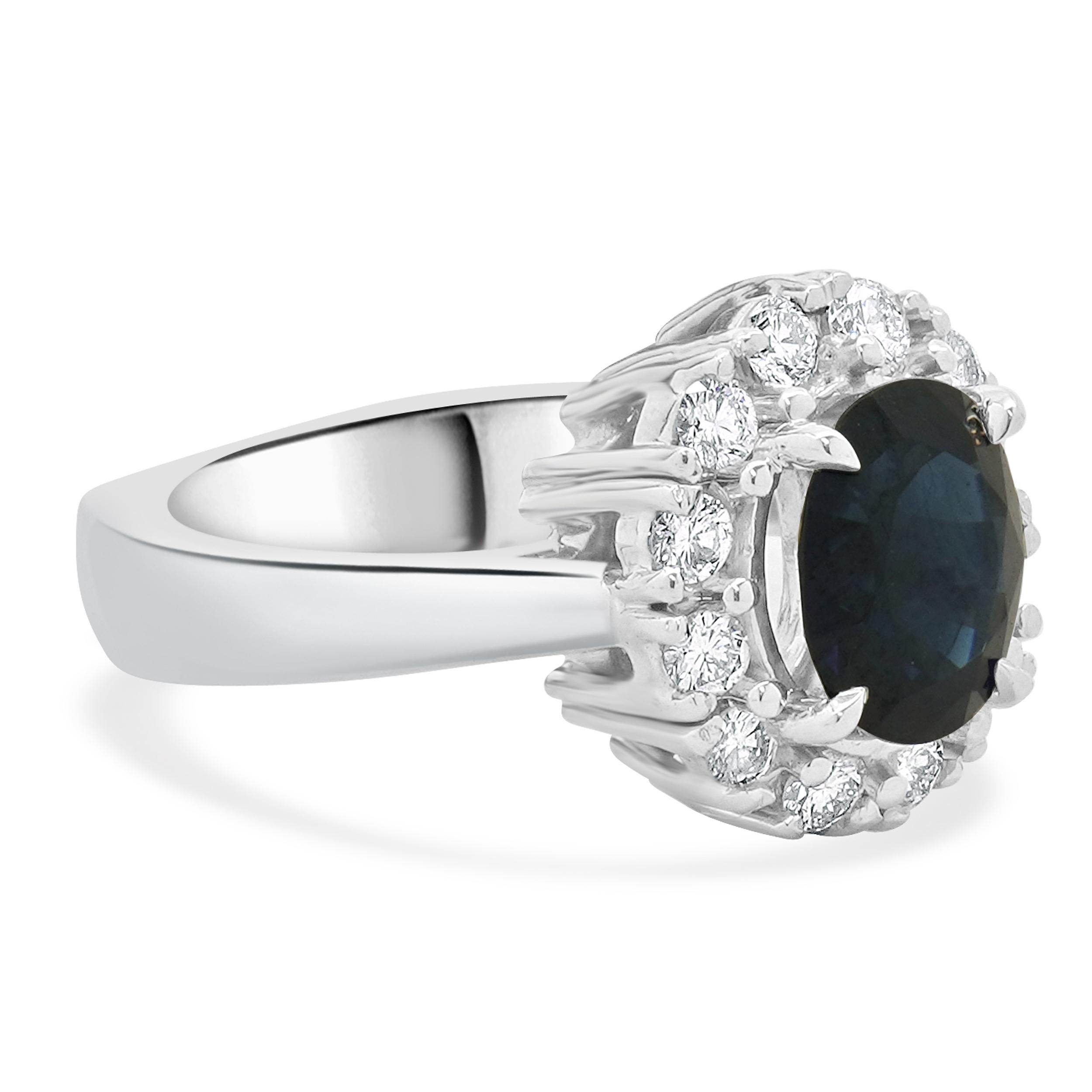 Material: 14k white gold
Sapphire: oval cut = 2.90ct
Diamond: round brilliant cut = 0.65cttw
Color: G
Clarity: SI1
Size: 7.25
Weight: 11.05 grams