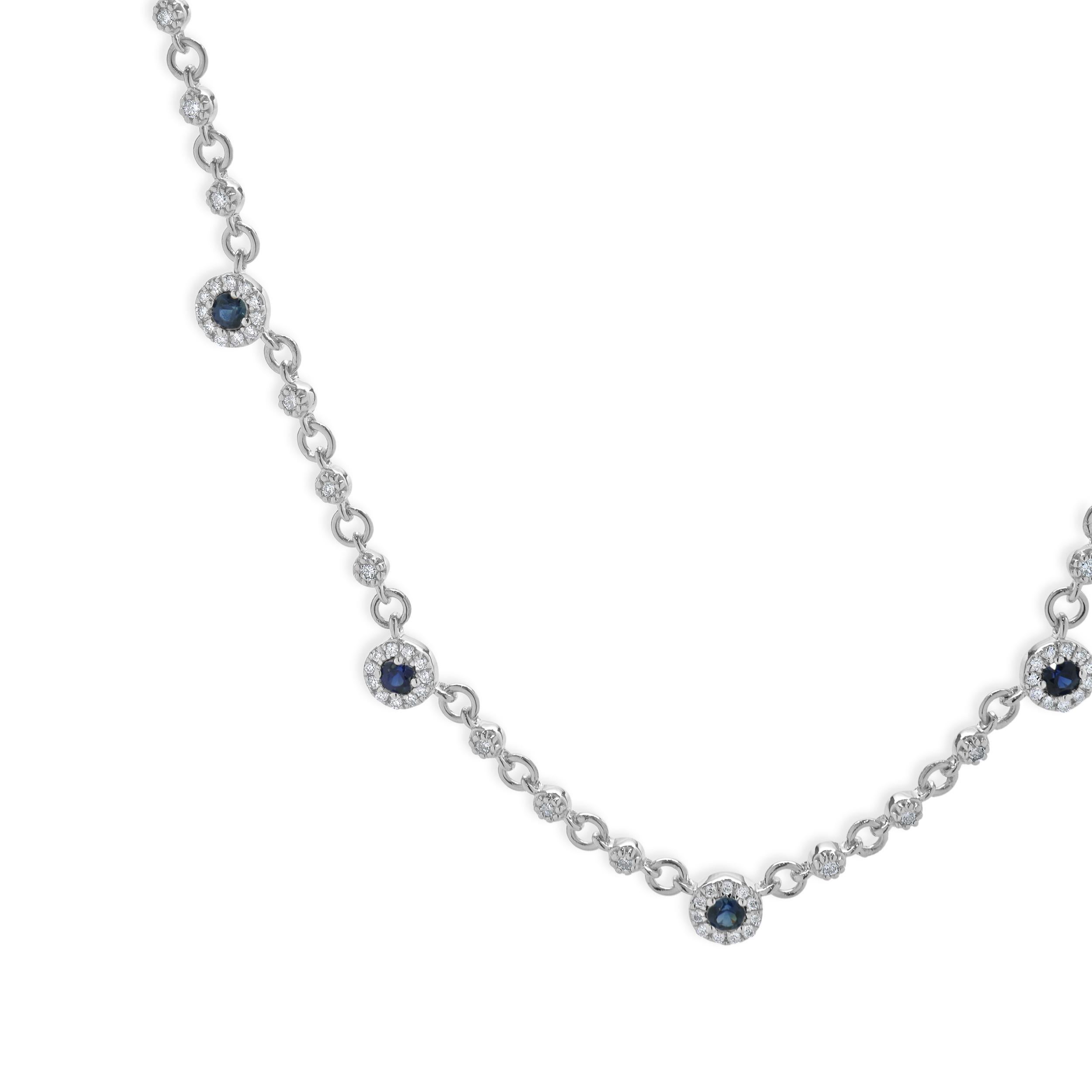 Round Cut 14 Karat White Gold Sapphire and Diamond Halo Station Necklace For Sale