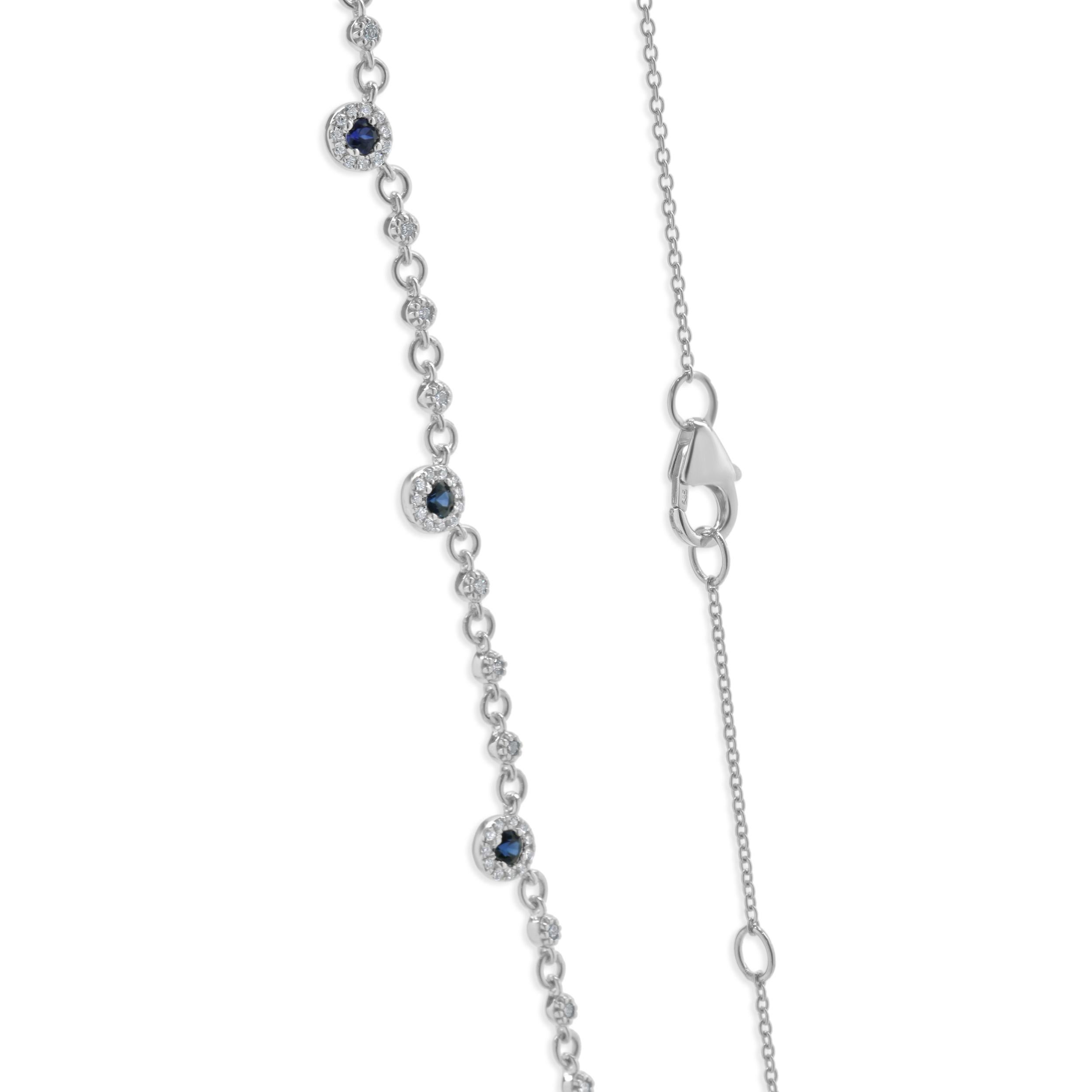 14 Karat White Gold Sapphire and Diamond Halo Station Necklace In Excellent Condition For Sale In Scottsdale, AZ