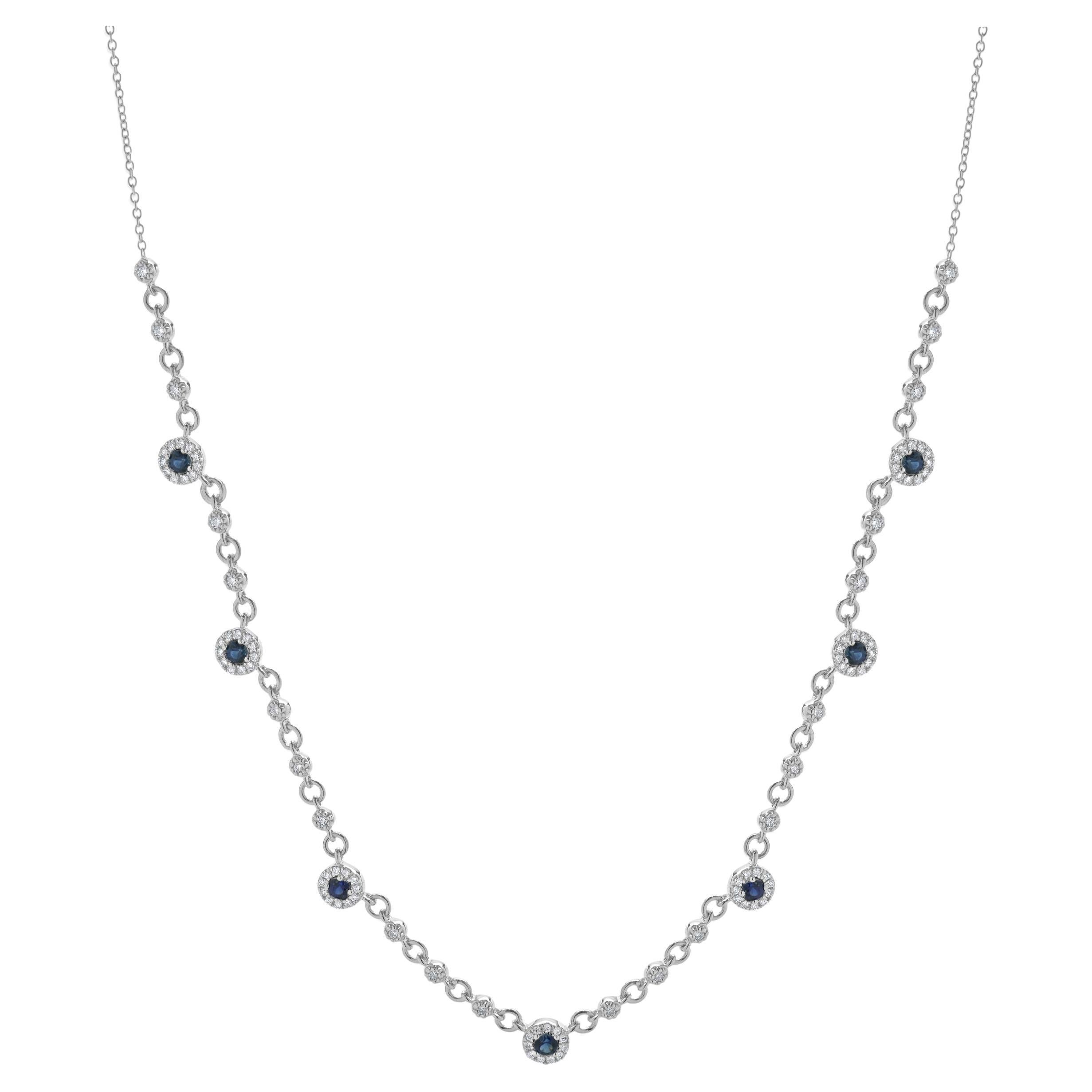 14 Karat White Gold Sapphire and Diamond Halo Station Necklace For Sale