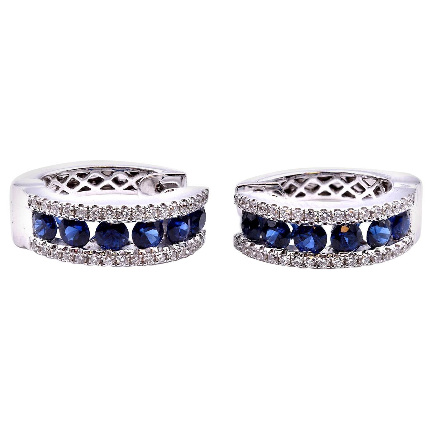 14 Karat White Gold Sapphire and Diamond Huggie Earrings