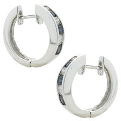 14 Karat White Gold Sapphire and Diamond Huggie Hoop Earrings