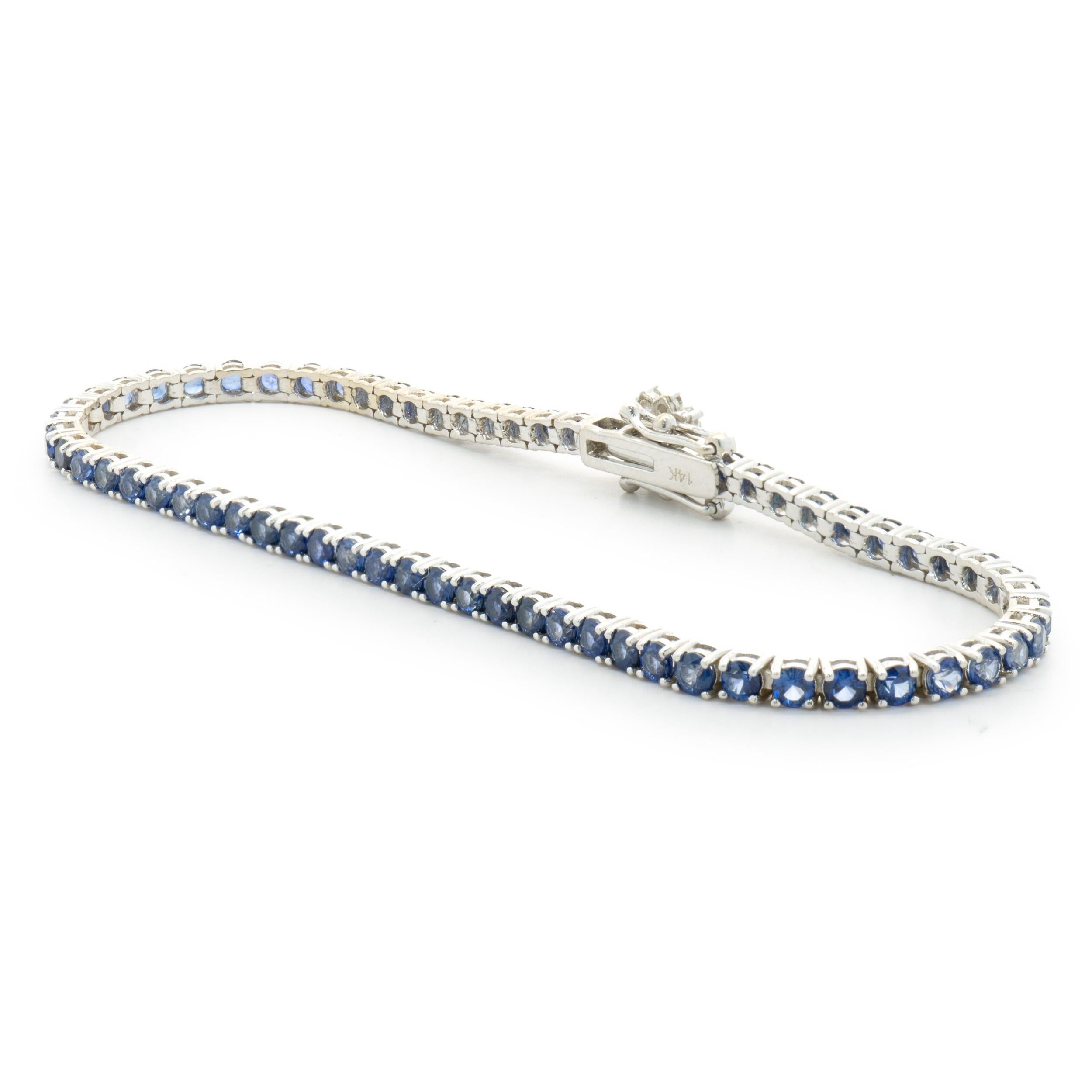 Round Cut 14 Karat White Gold Sapphire and Diamond Inline Bracelet For Sale