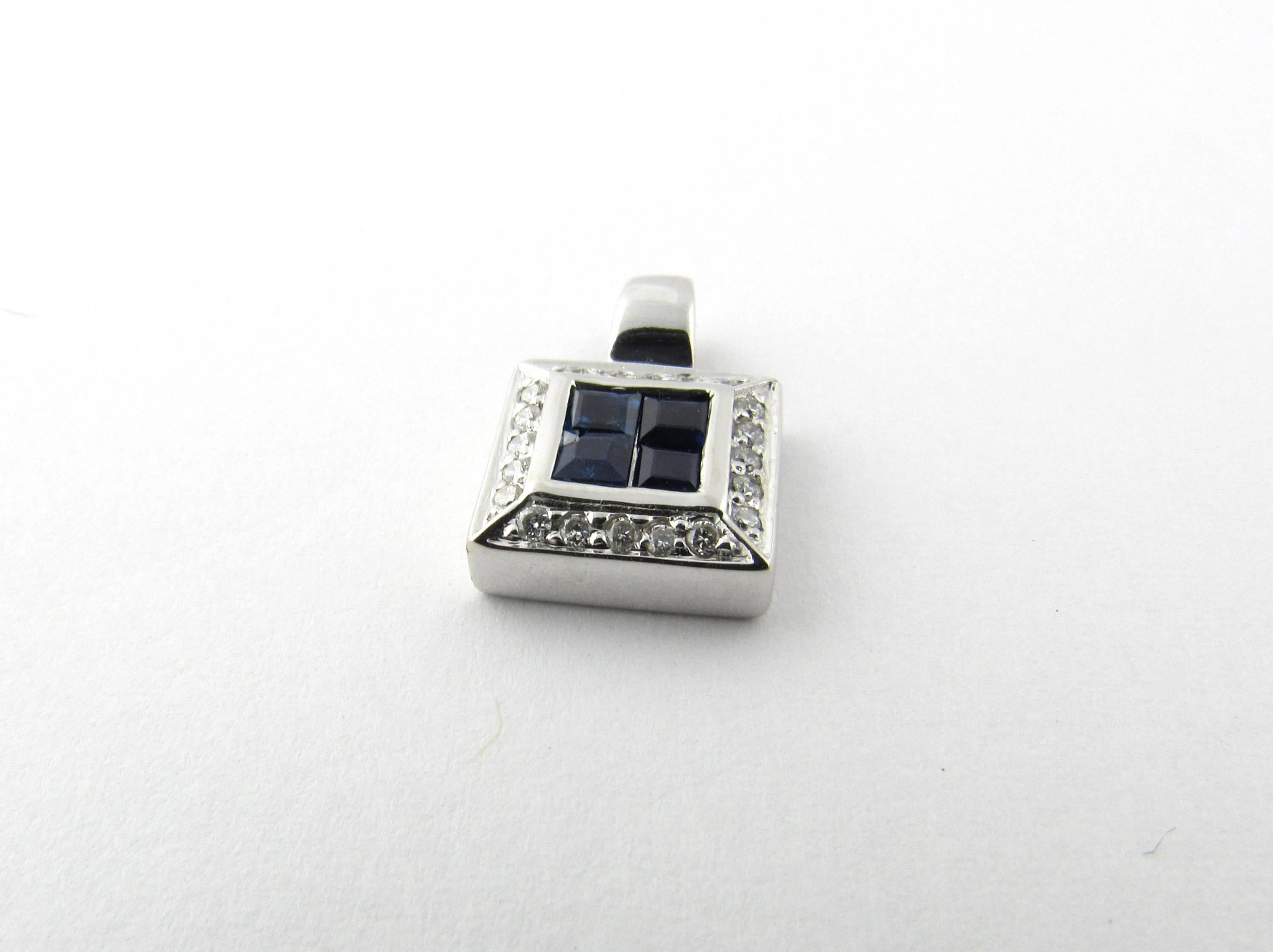 Vintage 14 Karat White Gold Sapphire and Diamond Pendant- 
This beautiful pendant features four square sapphires surrounded by 20 round brilliant cut diamonds in a classic square setting. Approximate total diamond weight: .20 ct. Diamond clarity: