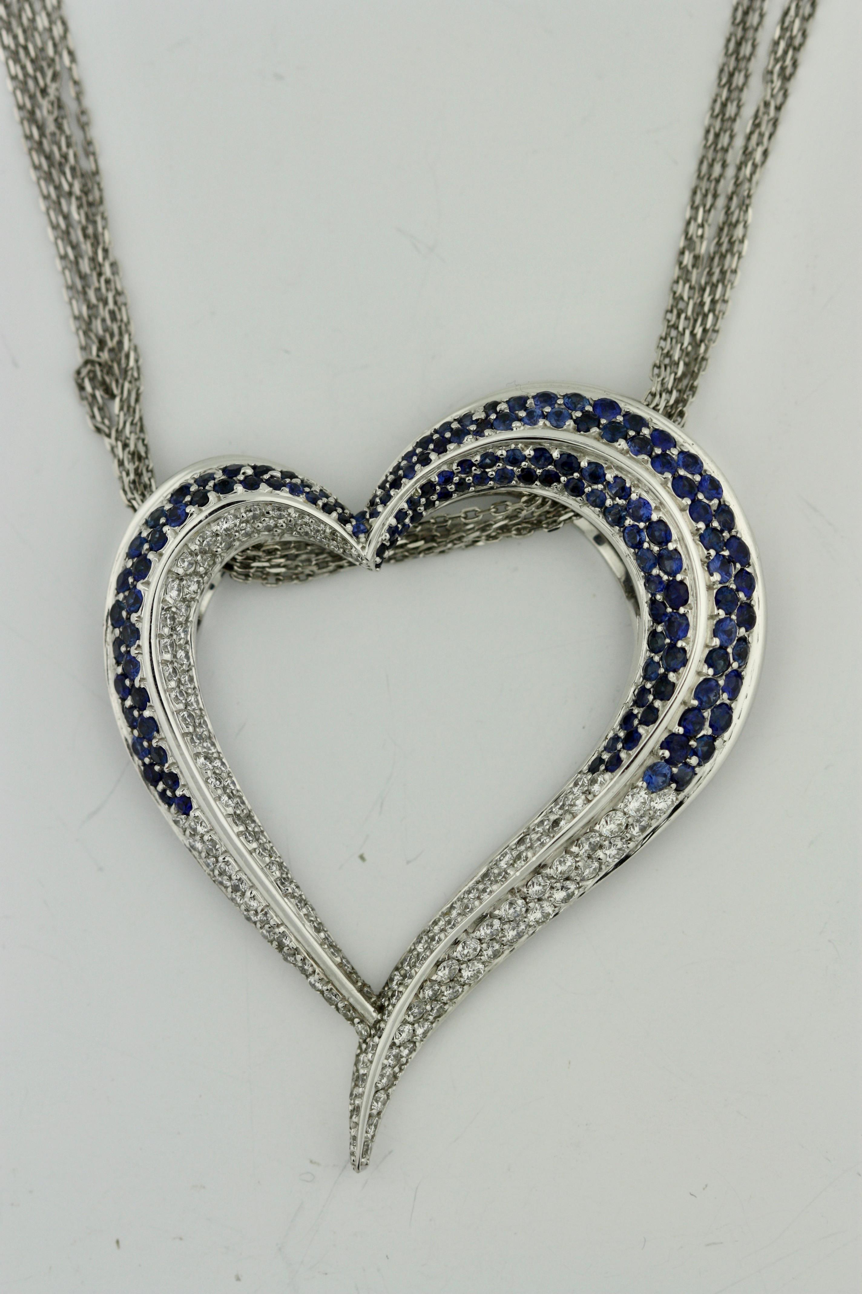 Women's or Men's 14 Karat White Gold, Sapphire and Diamond Pendant Necklace For Sale