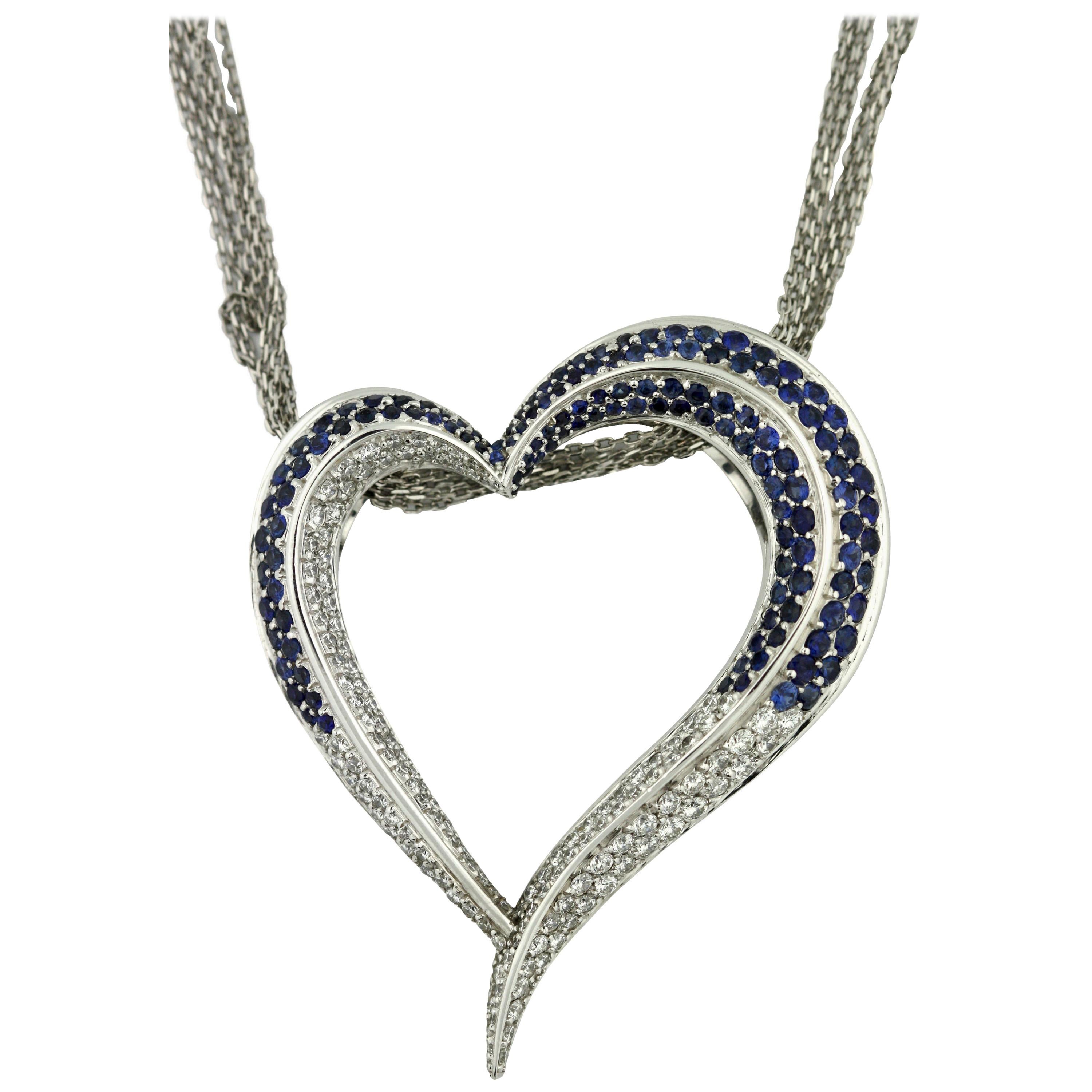 14 Karat White Gold, Sapphire and Diamond Pendant Necklace For Sale