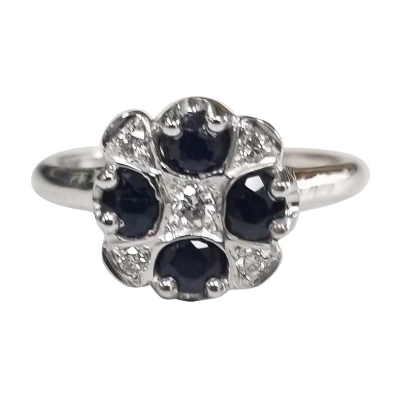 14 Karat White Gold Sapphire and Diamond Ring Art Deco Style Ring