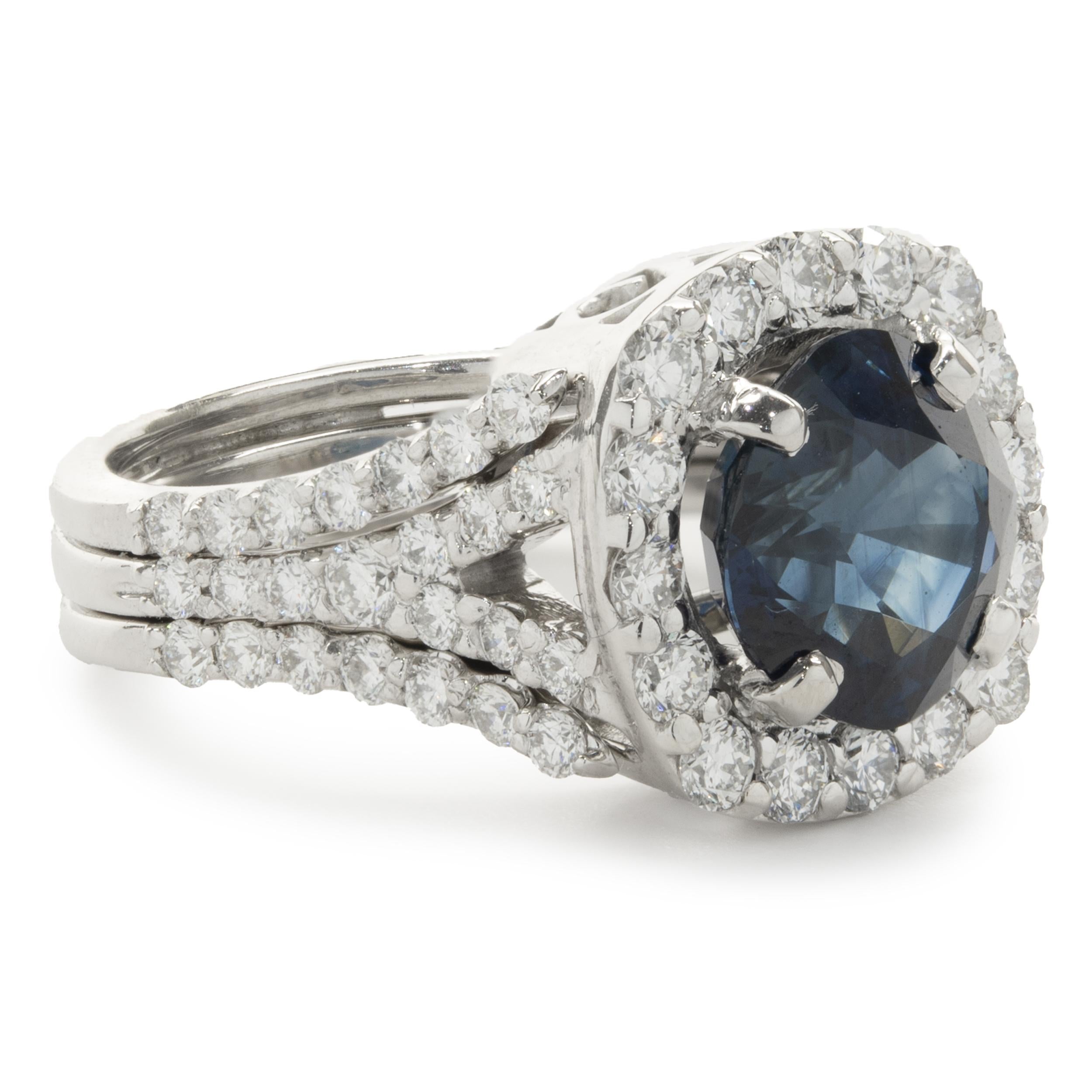 Designer: custom design
Material: 14K white gold
Diamond: 64 round brilliant cut = 1.64cttw
Color: G
Clarity: VS2
Sapphire: 1 round cut = 3.75ct
Color: Deep Royal Blue
Clarity: AA
Ring size: 6.5 (please allow two additional shipping days for sizing
