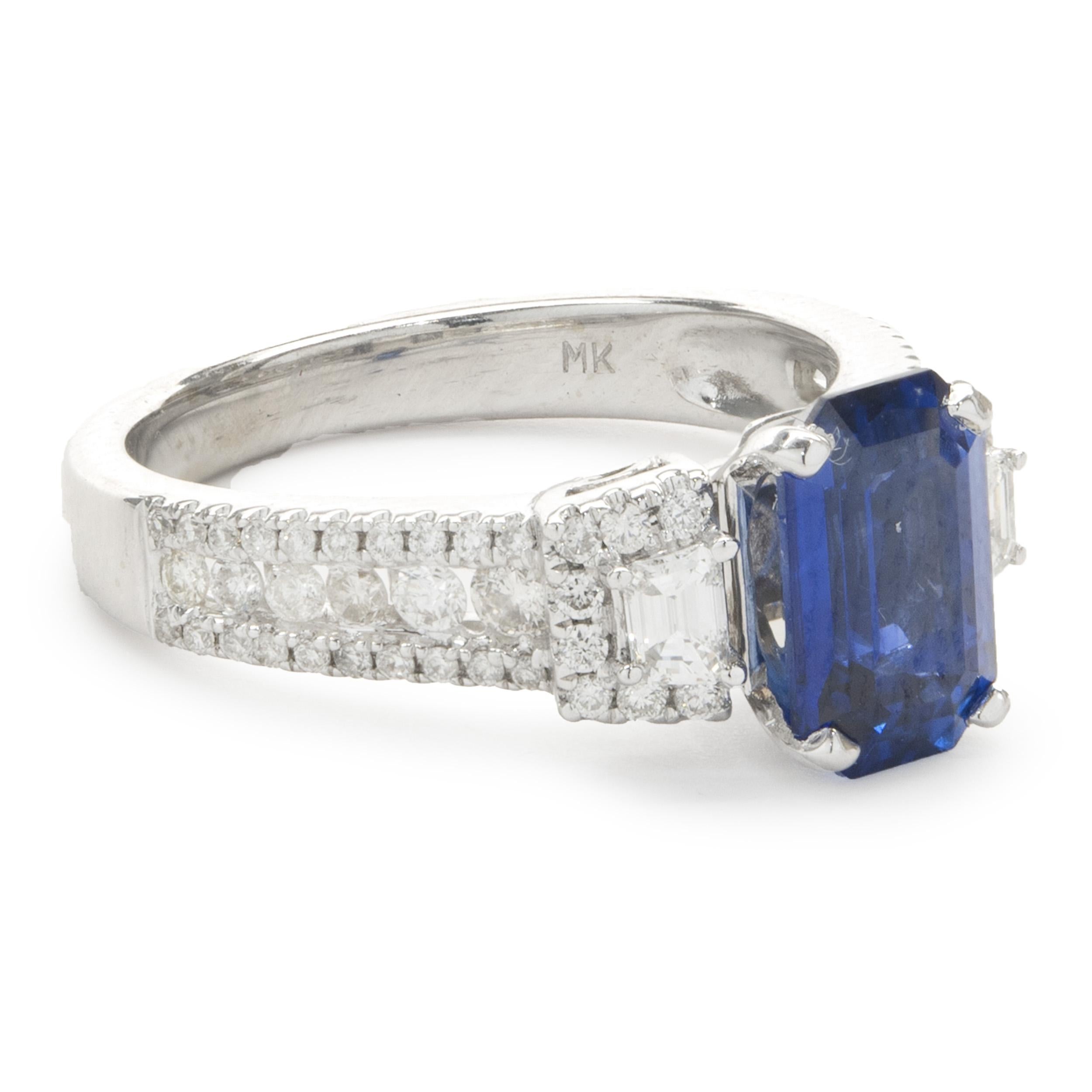 Designer: custom
Material: 14K white gold
Diamond: 70 round brilliant / trapezoid = 1.60cttw
Color: G
Clarity: SI1
Sapphire: 1 emerald cut = 2.13ct
Ring Size: 6.25 (please allow up to 2 additional business days for sizing requests)
Weight: 4.60 grams