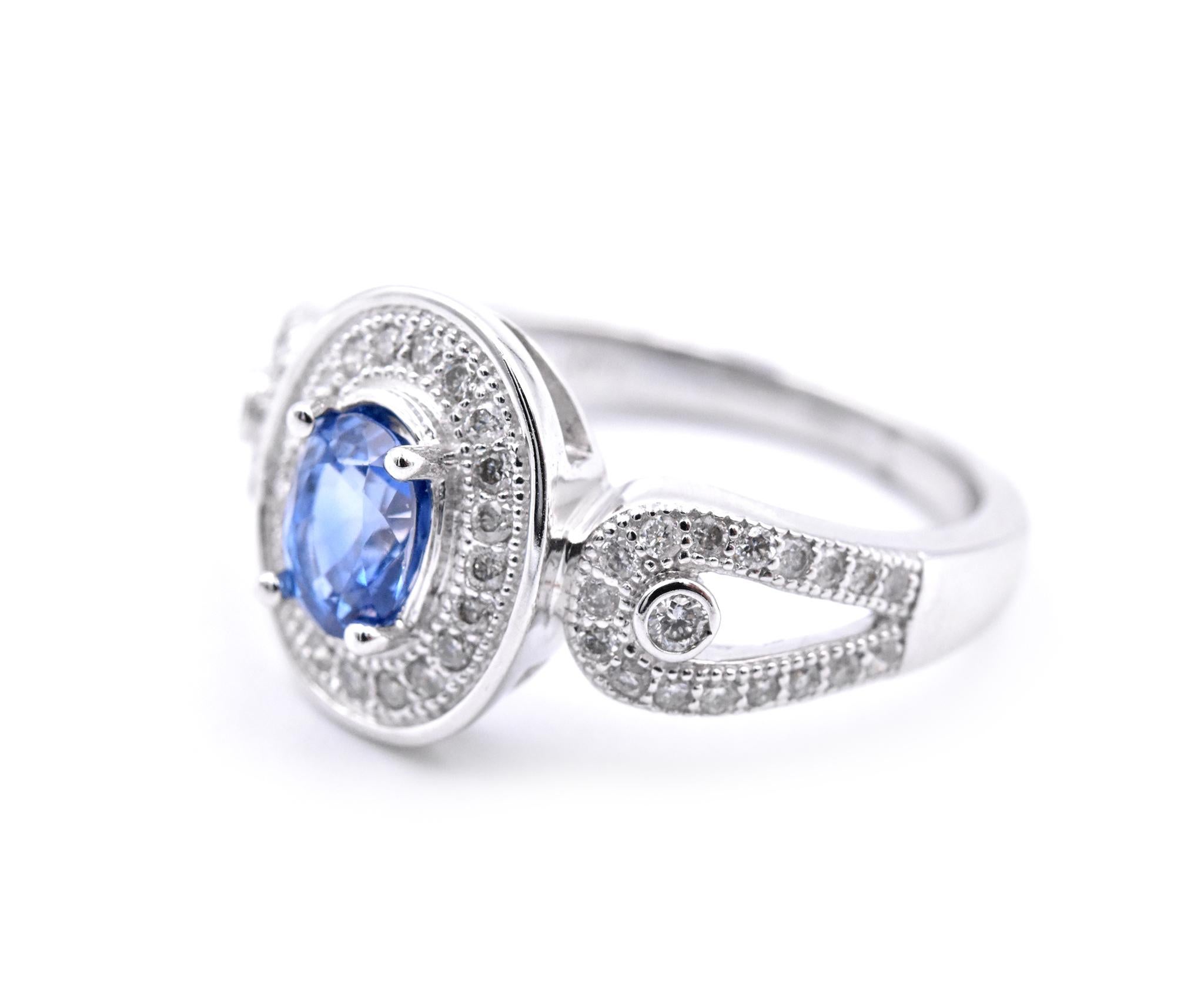 Round Cut 14 Karat White Gold Sapphire and Diamond Ring For Sale
