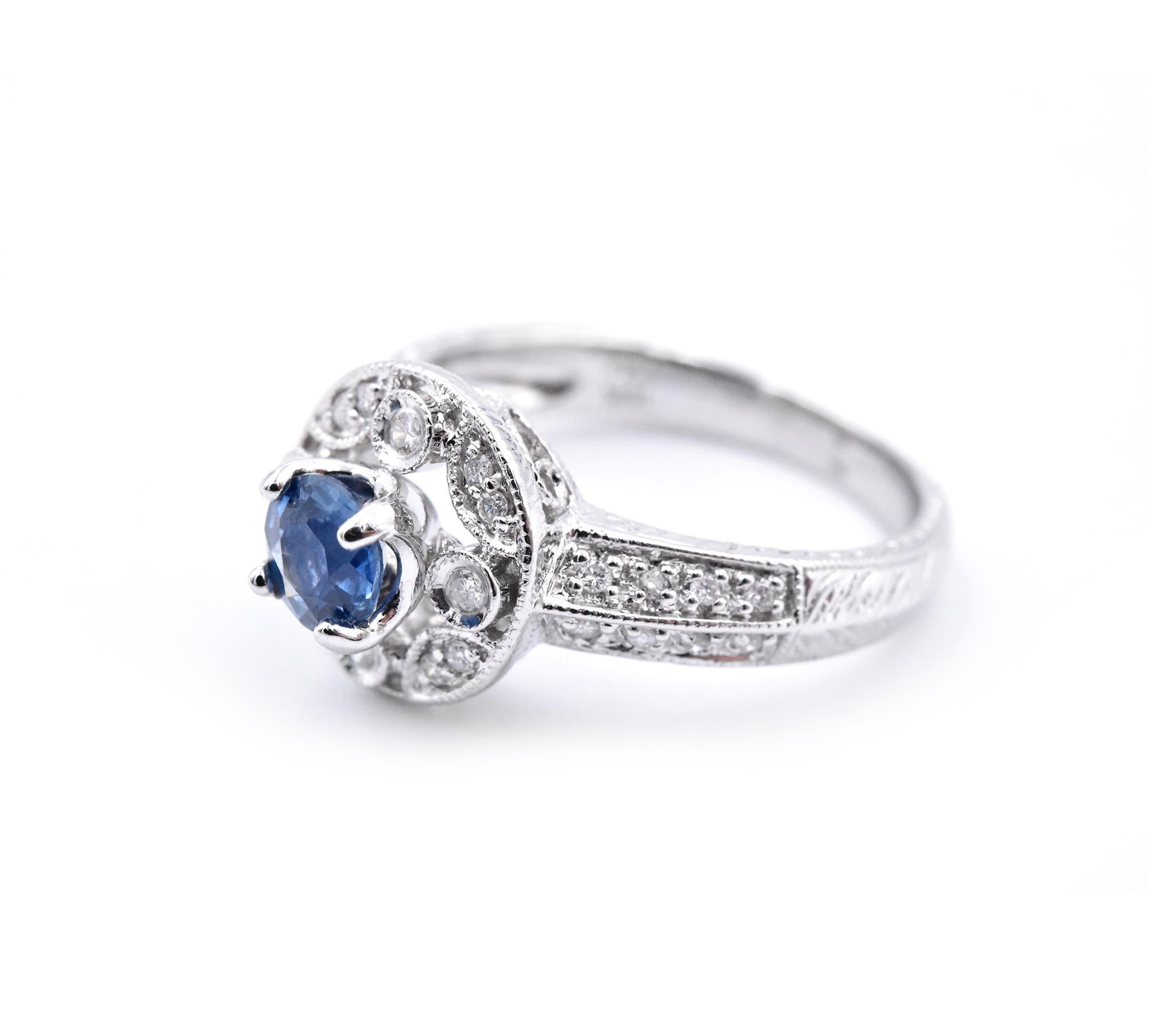 Round Cut 14 Karat White Gold Sapphire and Diamond Ring For Sale