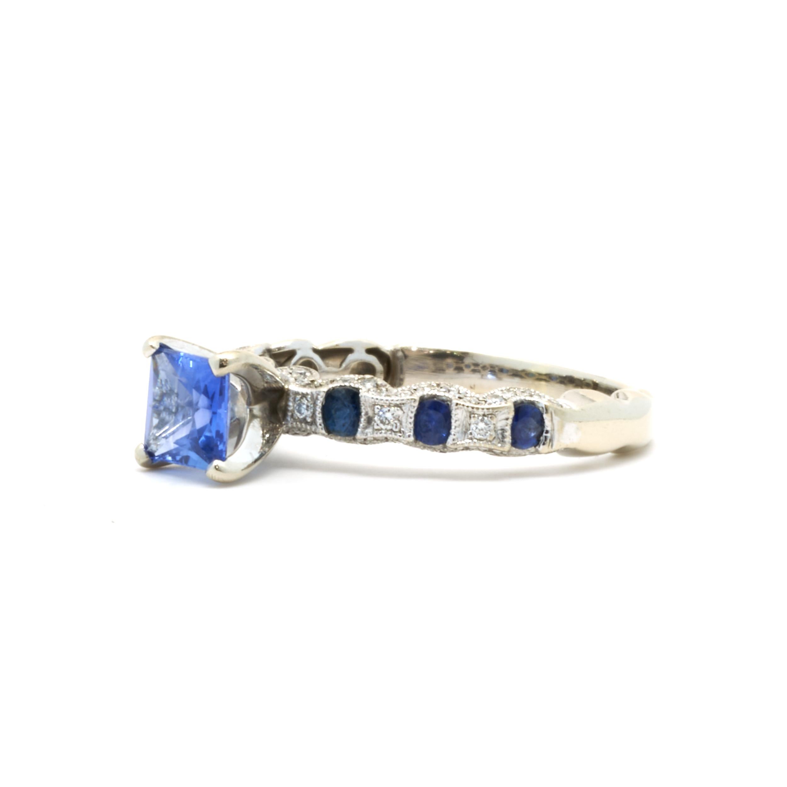 Mixed Cut 14 Karat White Gold Sapphire and Diamond Ring For Sale