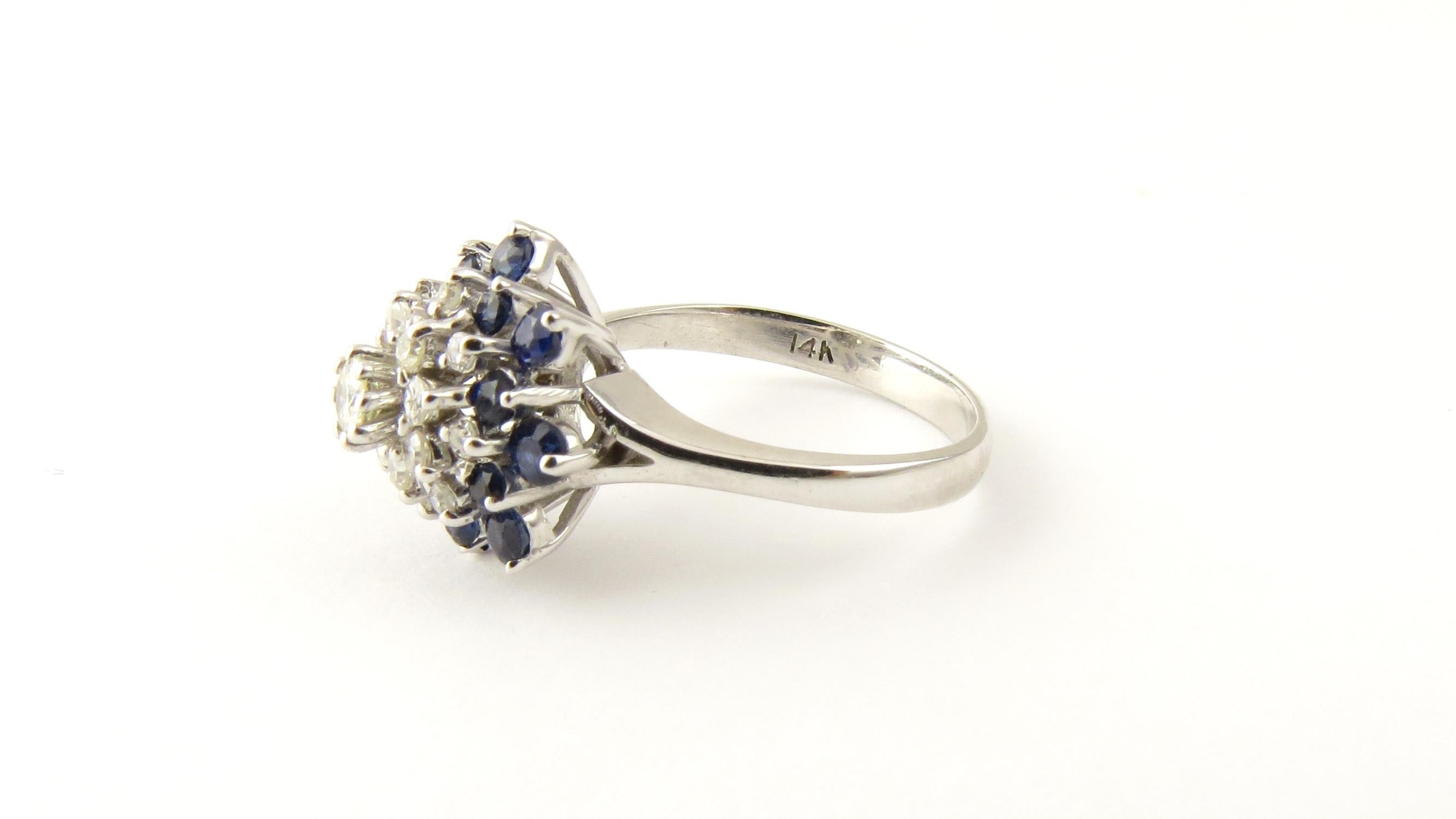 Vintage 14 Karat White Gold Sapphire and Diamond Ring Size 6.5

This stunning cluster ring features one round brilliant cut diamond in its center (.10 ct.) surrounded by 16 round single cut diamonds (.32 ct. twt.) and 16 round blue sapphires. Top of