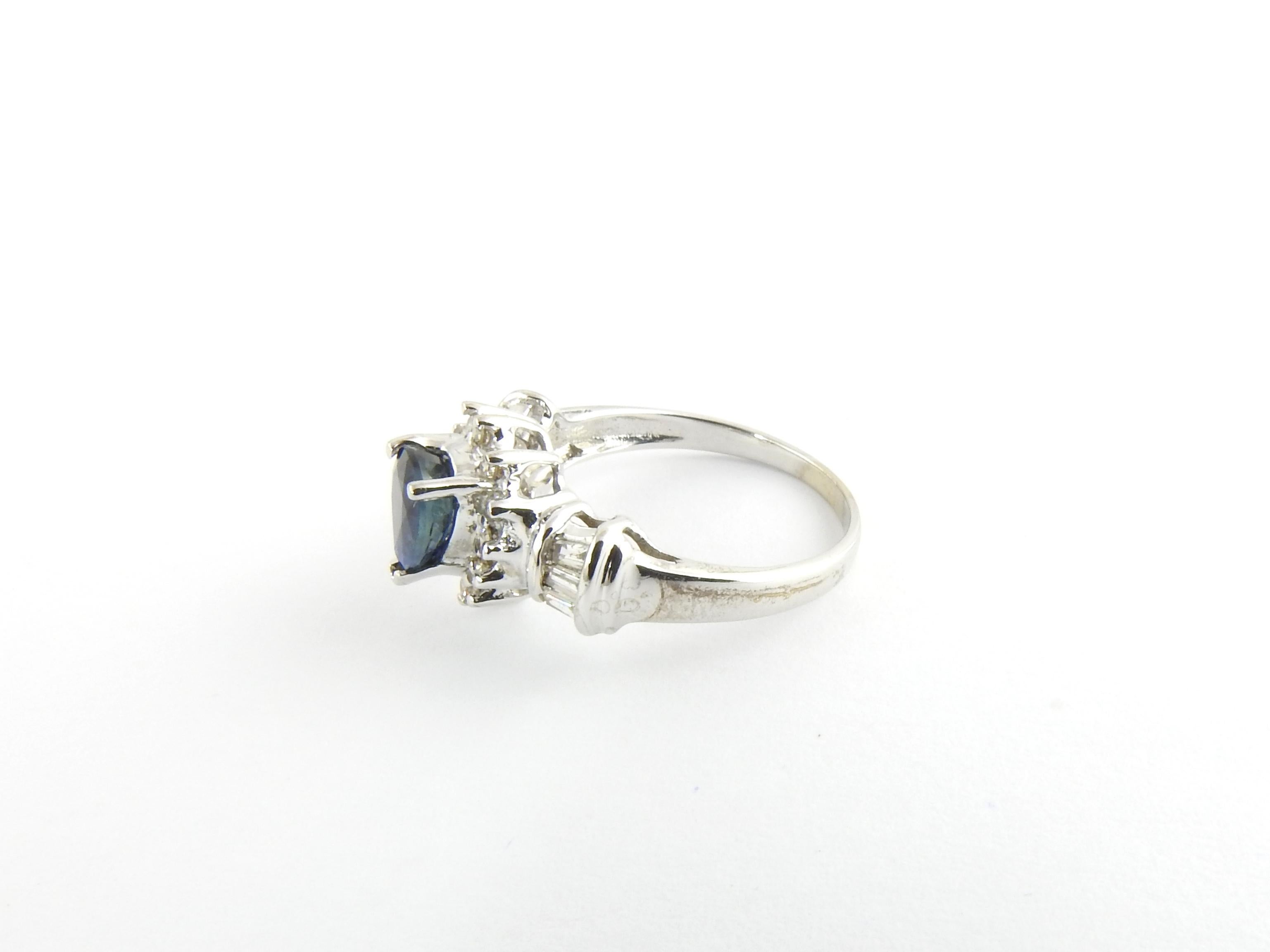 Vintage 14 Karat White Gold Sapphire and Diamond Ring Size 6.5

This lovely ring features one pear shaped sapphire (8 mm x 6 mm), 12 round brilliant cut diamonds and six baguette diamonds set in classic 14K white gold. Shank: 2 mm.

Approximate