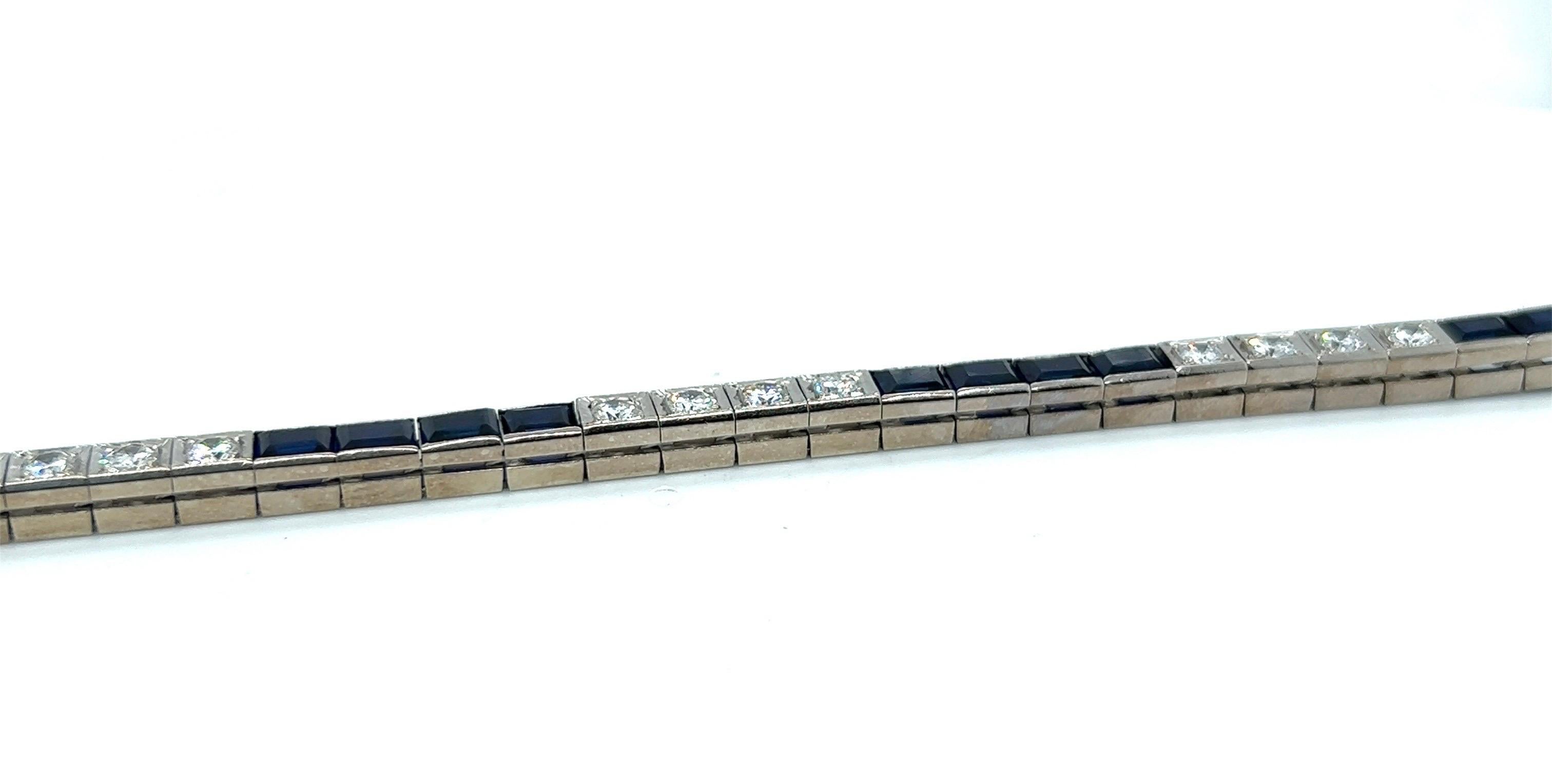 Modern 14 Karat White Gold Diamond and Synthetic Sapphire Rivière / Tennis Bracelet  For Sale