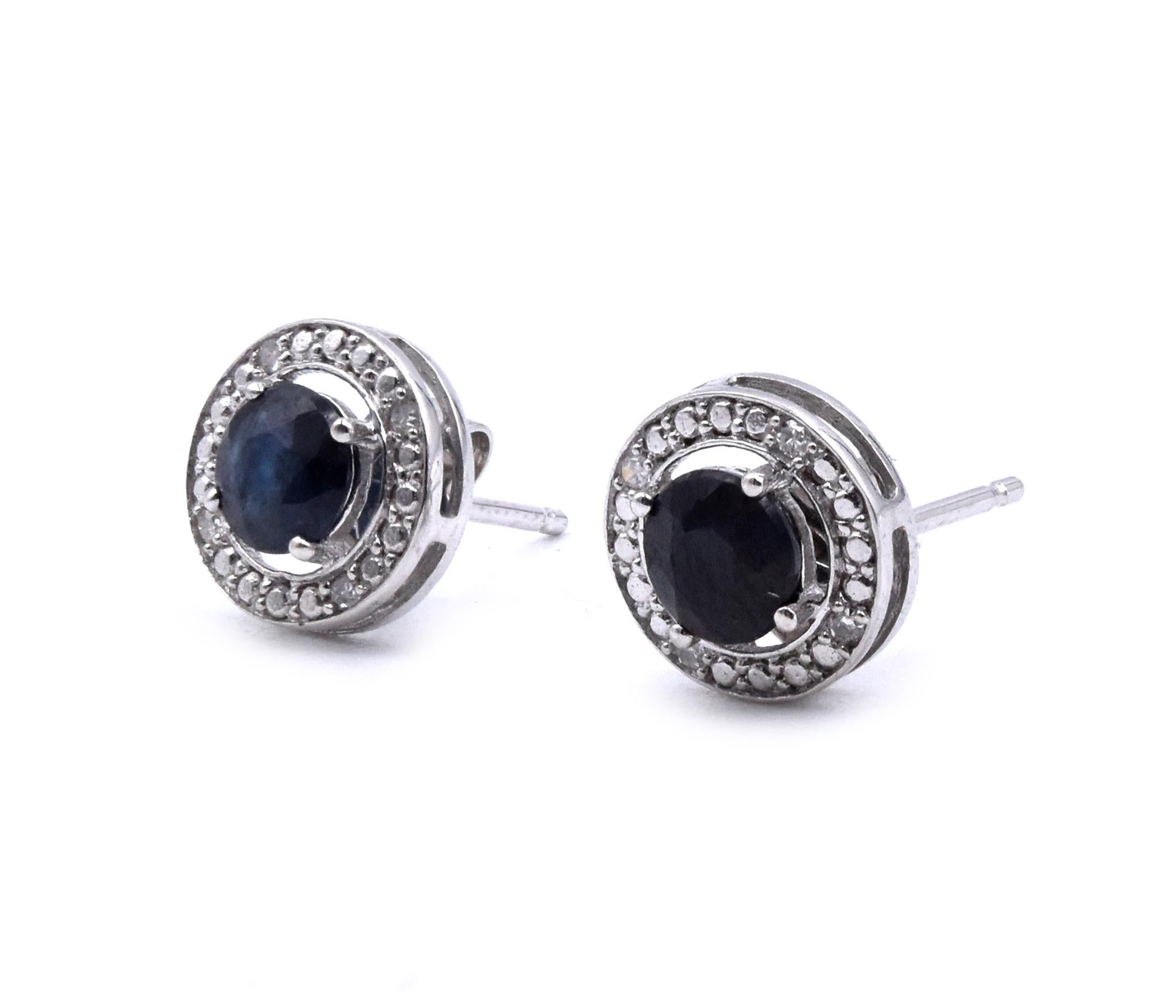 Round Cut 14 Karat White Gold Sapphire and Diamond Stud Earrings For Sale