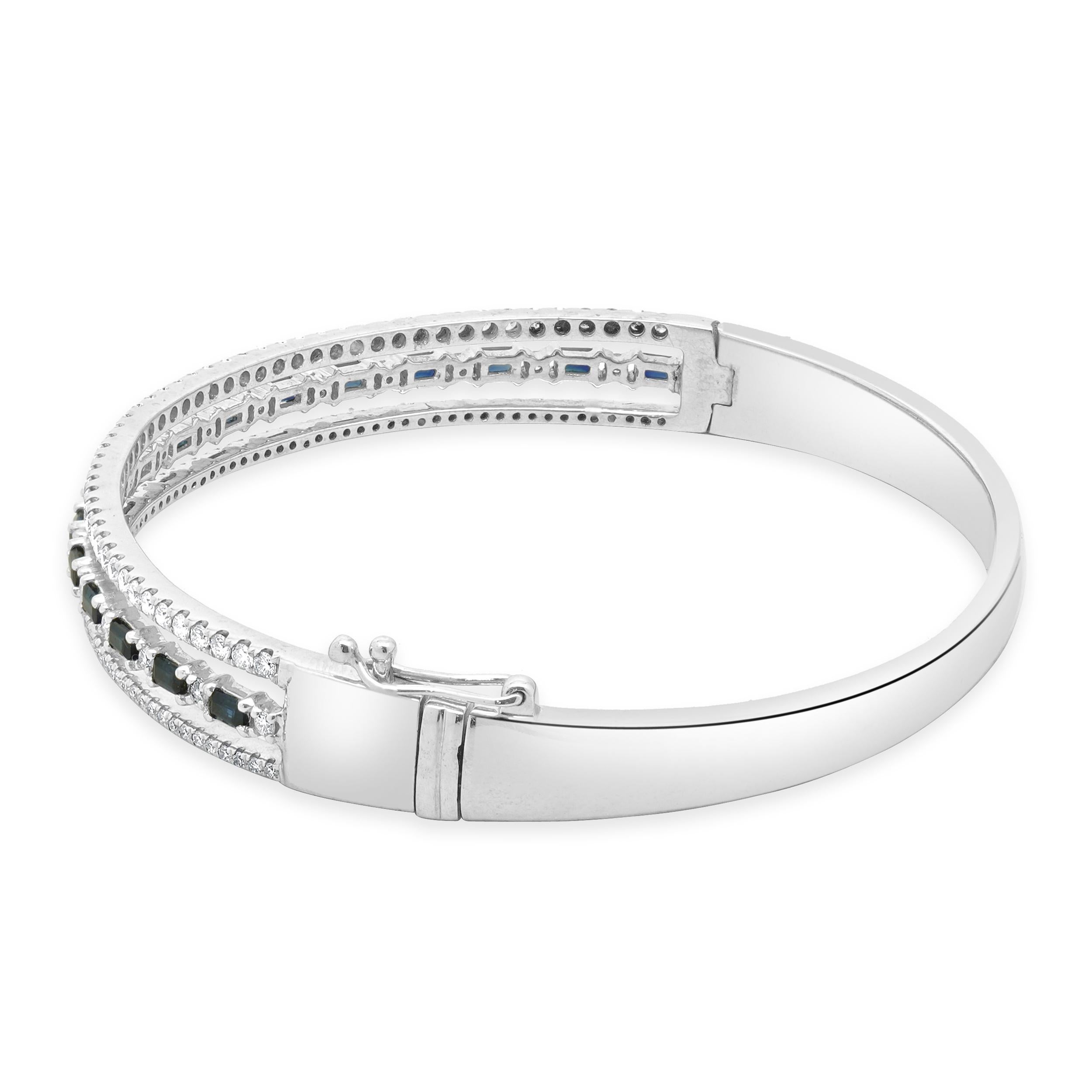 Baguette Cut 14 Karat White Gold Sapphire and Diamond Three Row Bangle Bracelet For Sale