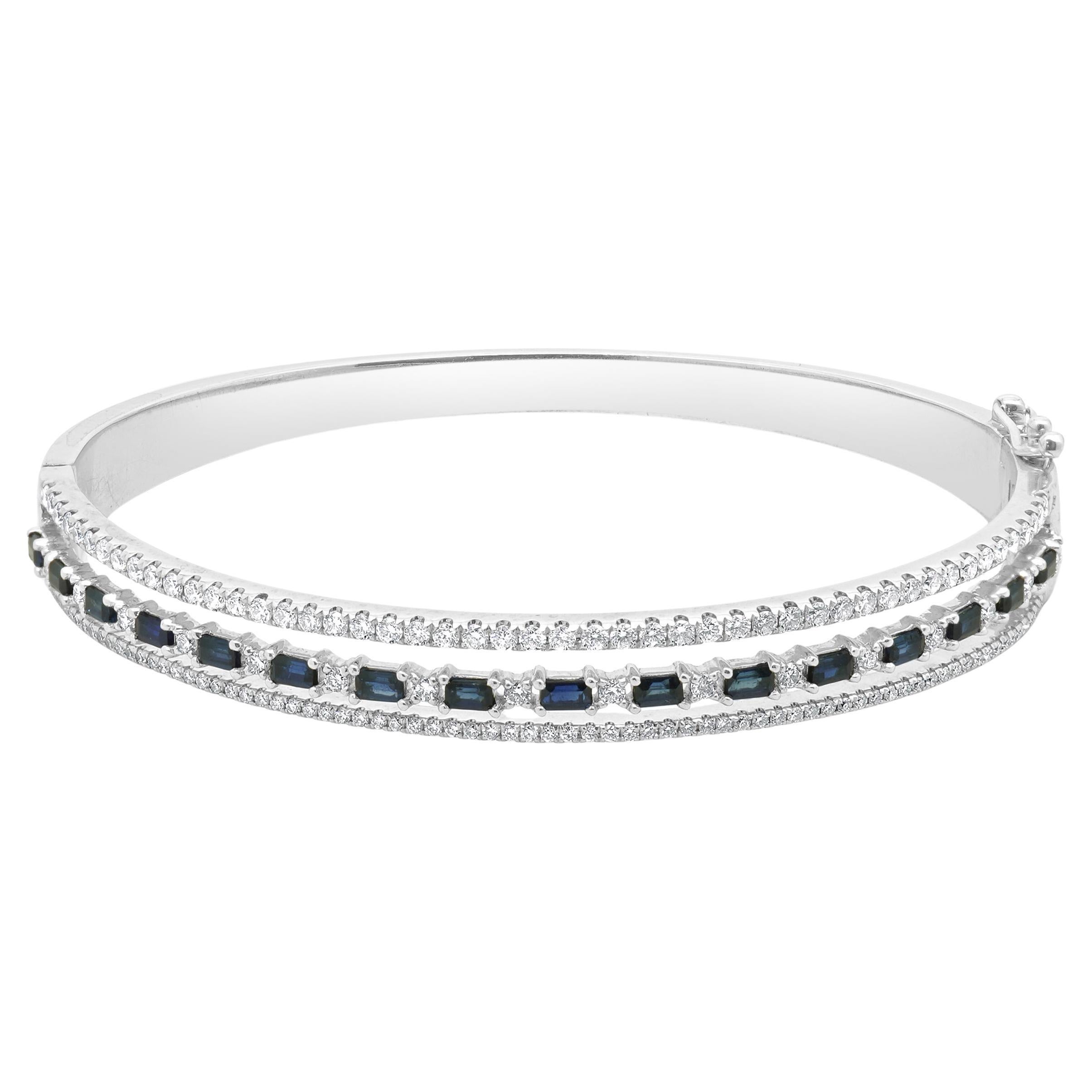 14 Karat White Gold Sapphire and Diamond Three Row Bangle Bracelet For Sale