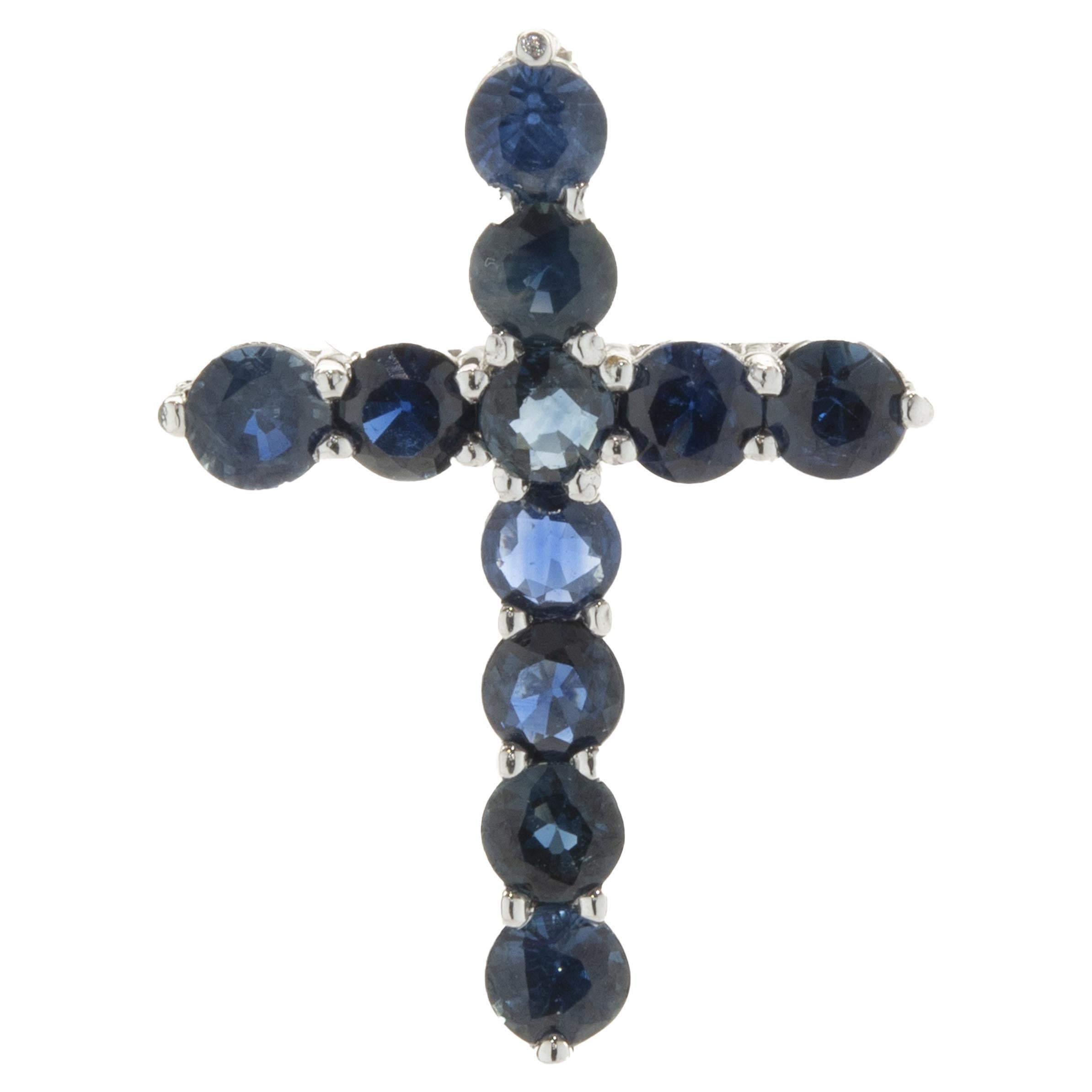 14 Karat White Gold Sapphire Cross Pendant For Sale