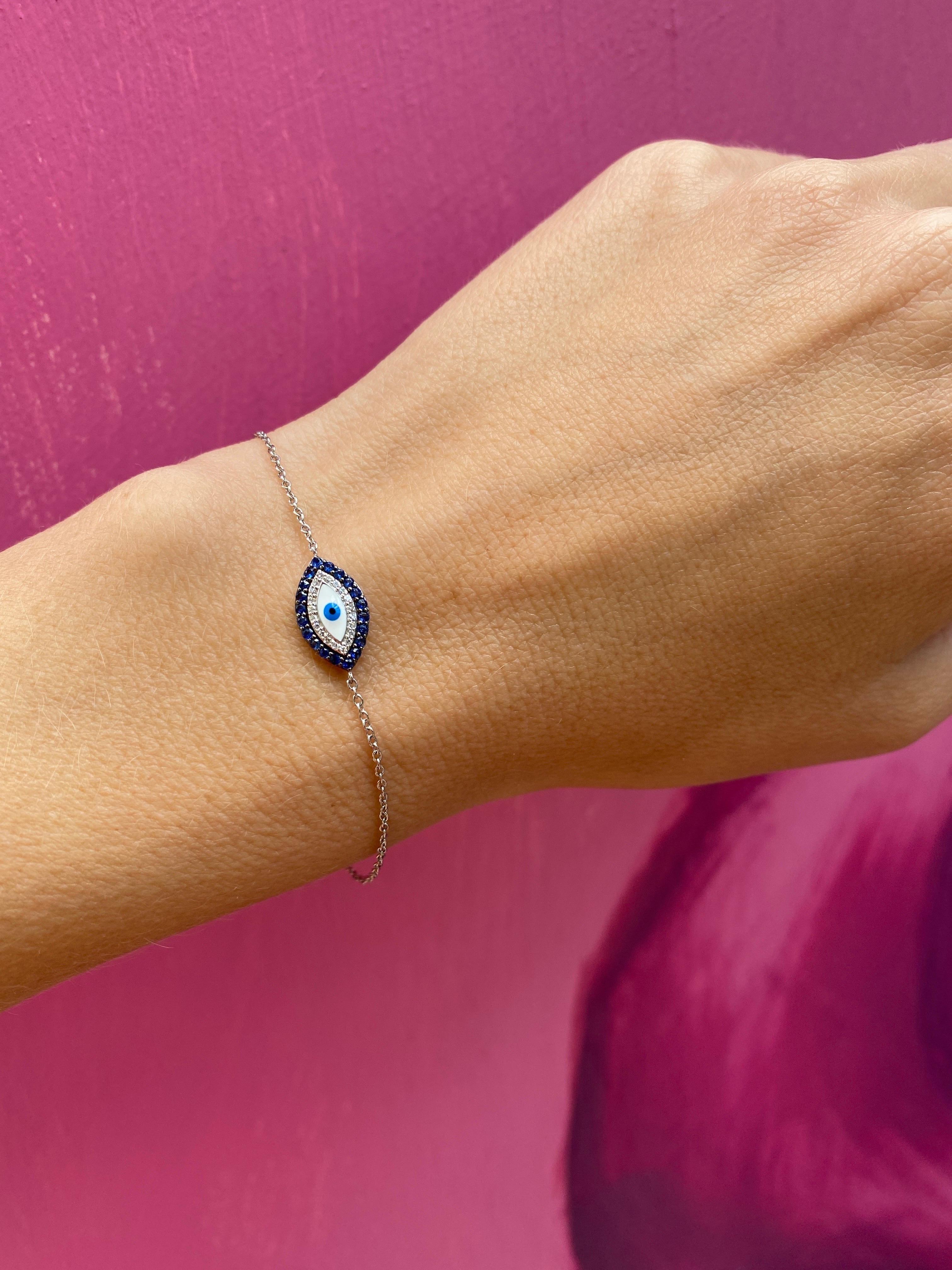 14 Karat Weißgold Saphir & Diamant Evil Eye Armband (Rundschliff)