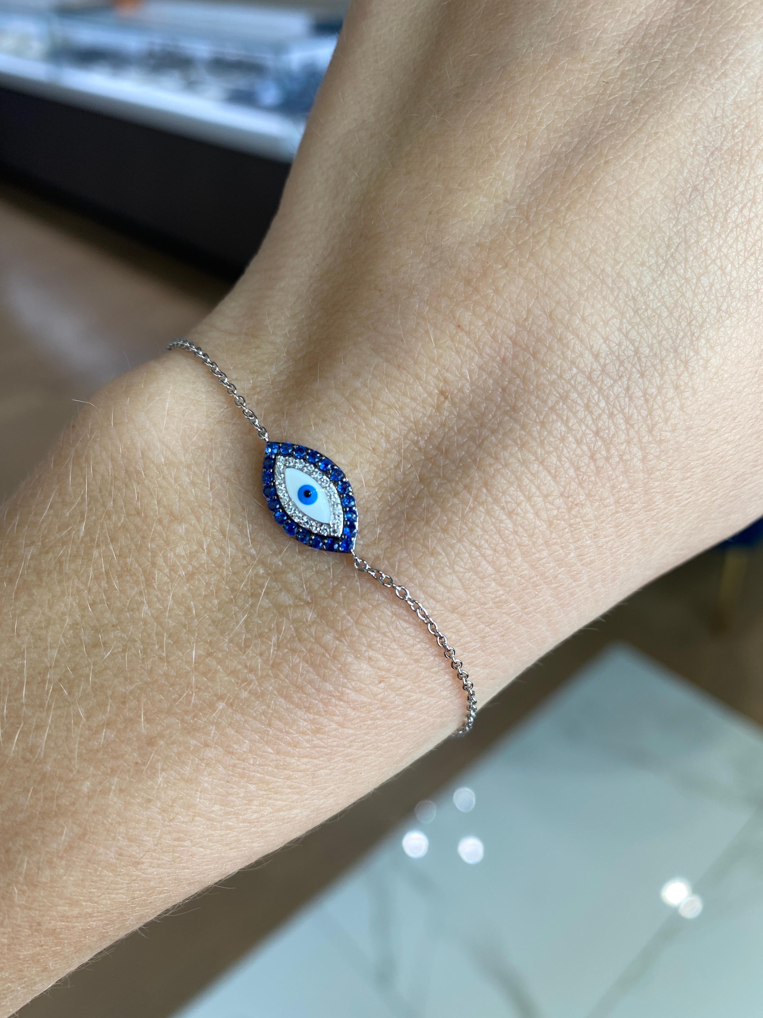 14 Karat Weißgold Saphir & Diamant Evil Eye Armband im Zustand „Neu“ in Houston, TX