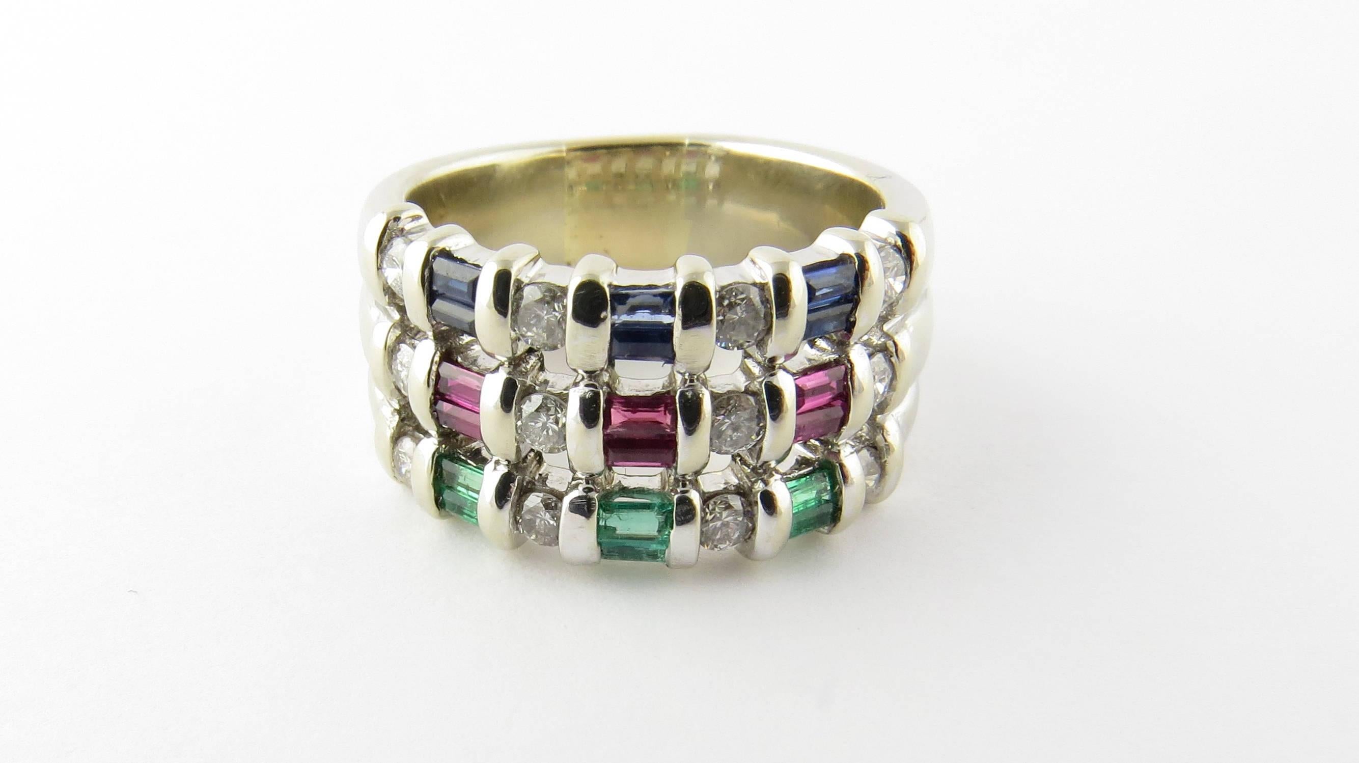 Women's 14 Karat White Gold Natural Sapphire, Emerald and Ruby Ring For Sale