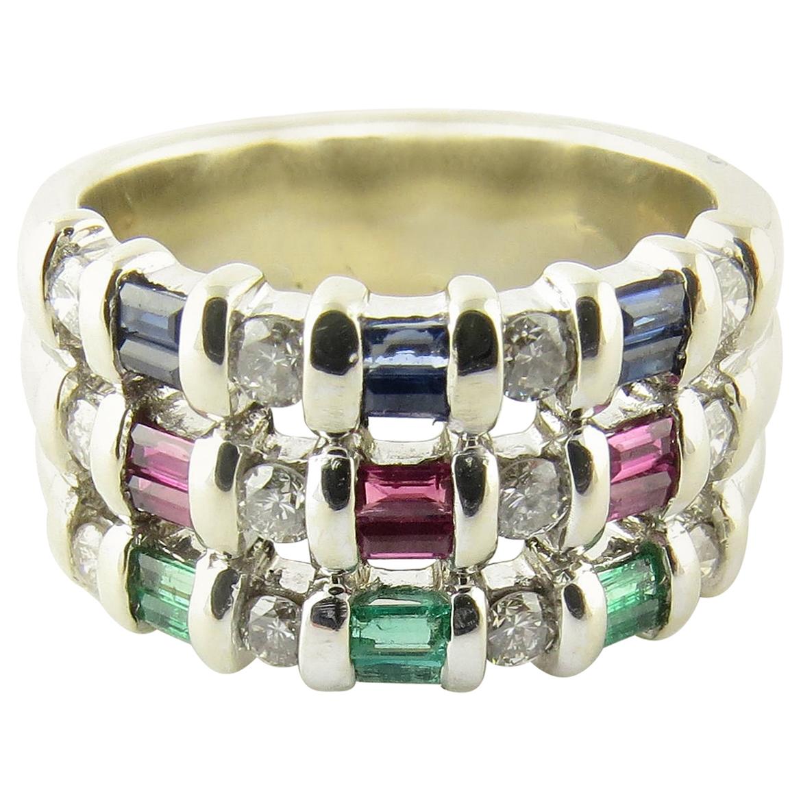 14 Karat White Gold Natural Sapphire, Emerald and Ruby Ring