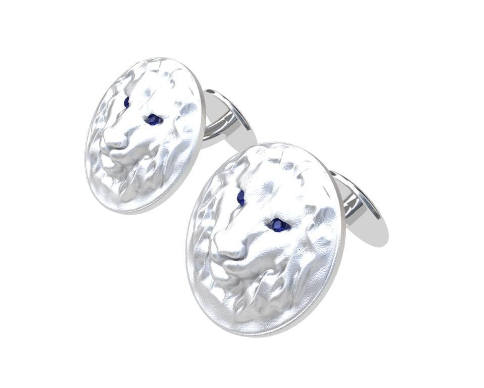 14K White Gold Sapphire Lion Cufflinks. The great lion. Ruler of the jungle, brave, and fearless. The best subject matter for guys. Who wants to see one of these live?  AA grade diamond cut sapphires. 19 mm diameter, sandblasted and polished 14kw