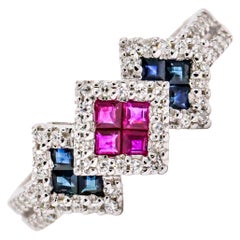 14 Karat White Gold Sapphire Ruby Diamond Band Ring